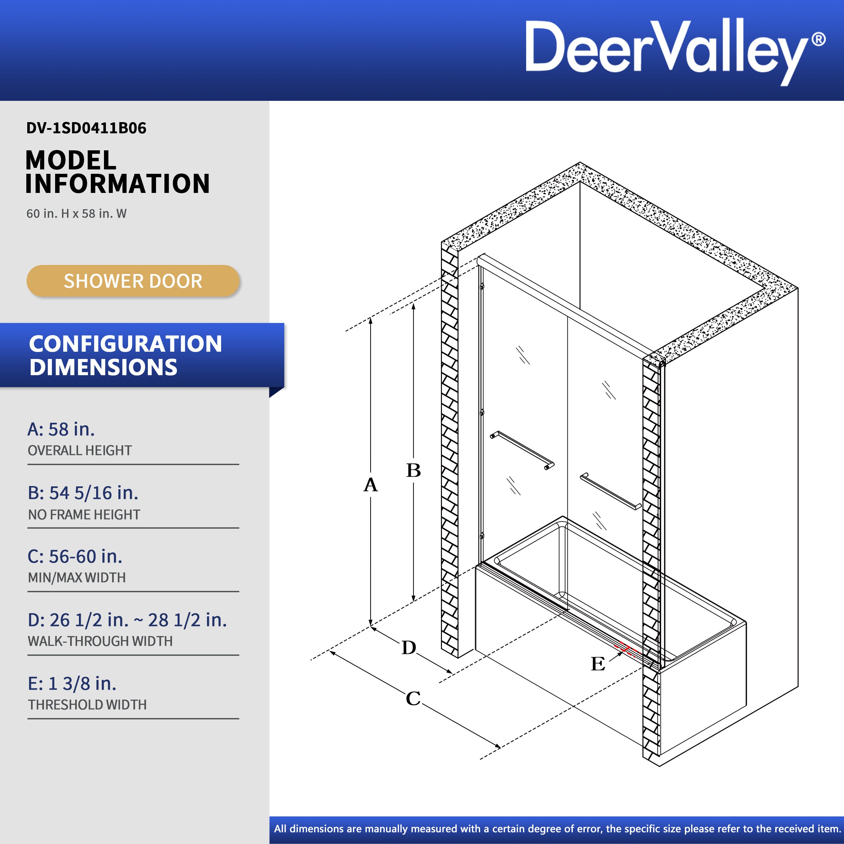 57" - 60" W x 58" H Double Sliding Semi-Frameless Tub Shower Door with 1/4" Tempered Clear Glass