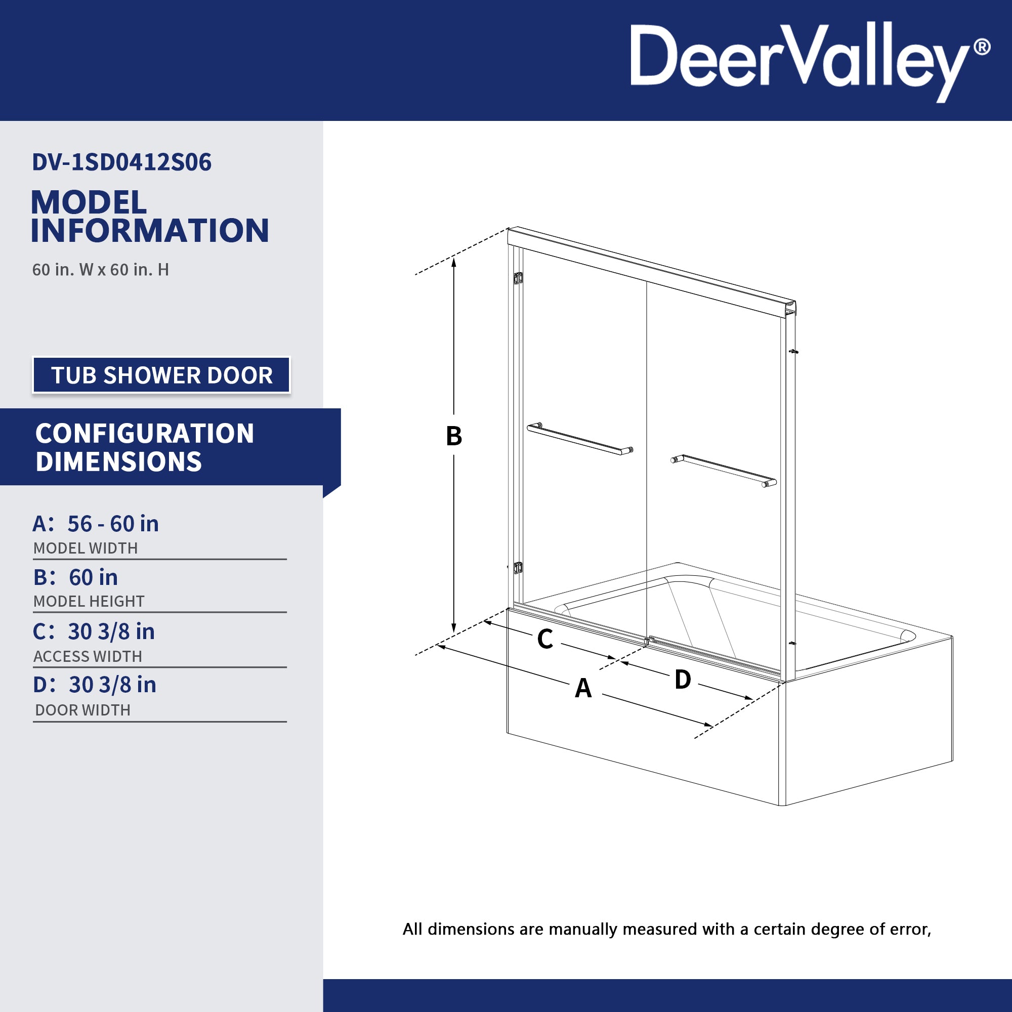 DeerValley DV-1SD0412B06 56" - 60" W x 60" H Framed Double Sliding Tub Door, Bypass Sliding Bathtub Shower Door with 1/4" Clear Tempered Glass, Aluminum Frame with Stainless Steel Towel Bar, Matte Black
