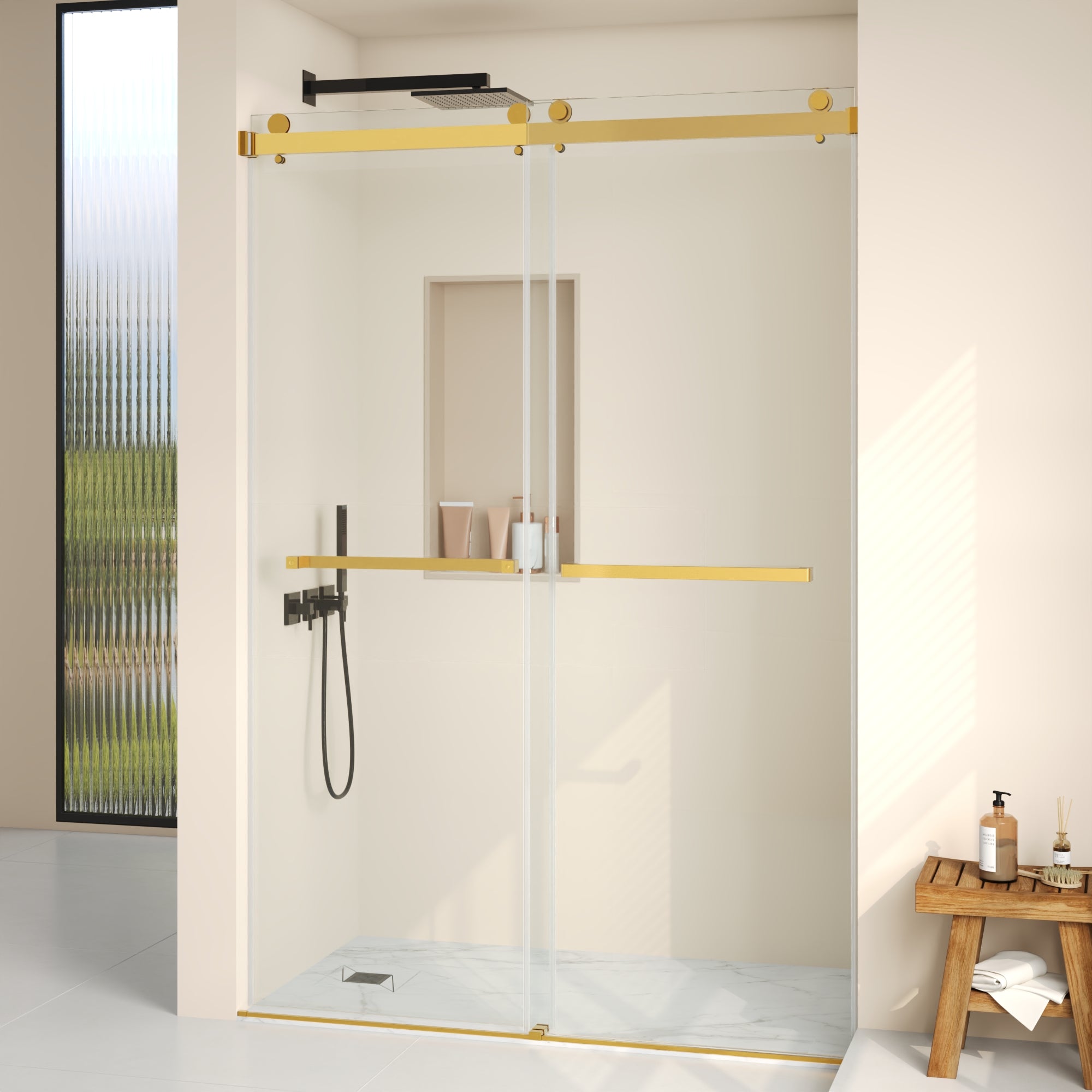 76×48" Frameless Dual-Sliding Shower Door with 5/16" Tempered Glass, 304 Stainless Steel Hardware, Anti-Jump Rollers, Dual Seals, 3-Color Options