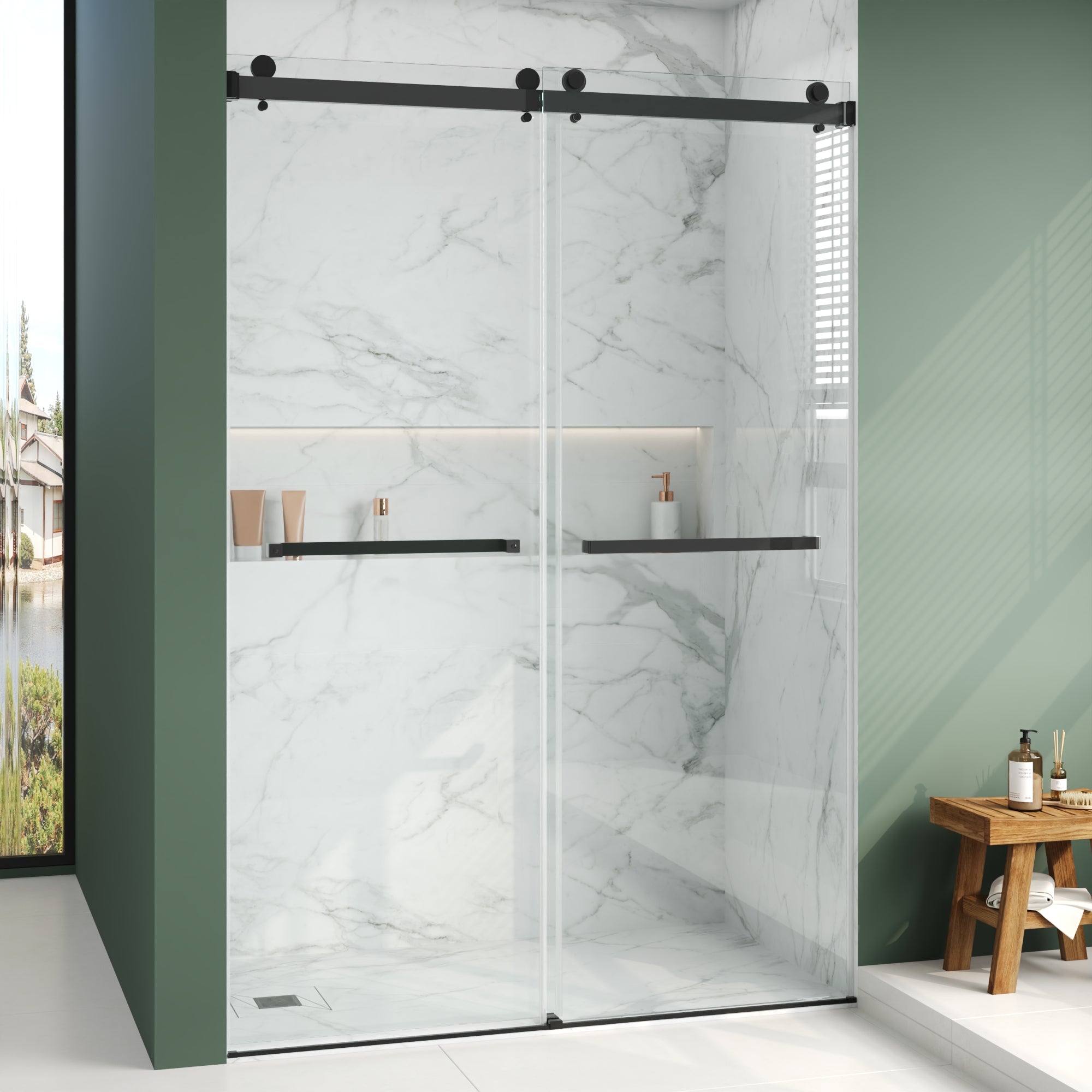 76×48" Frameless Dual-Sliding Shower Door with 5/16" Tempered Glass, 304 Stainless Steel Hardware, Anti-Jump Rollers, Dual Seals, 3-Color Options