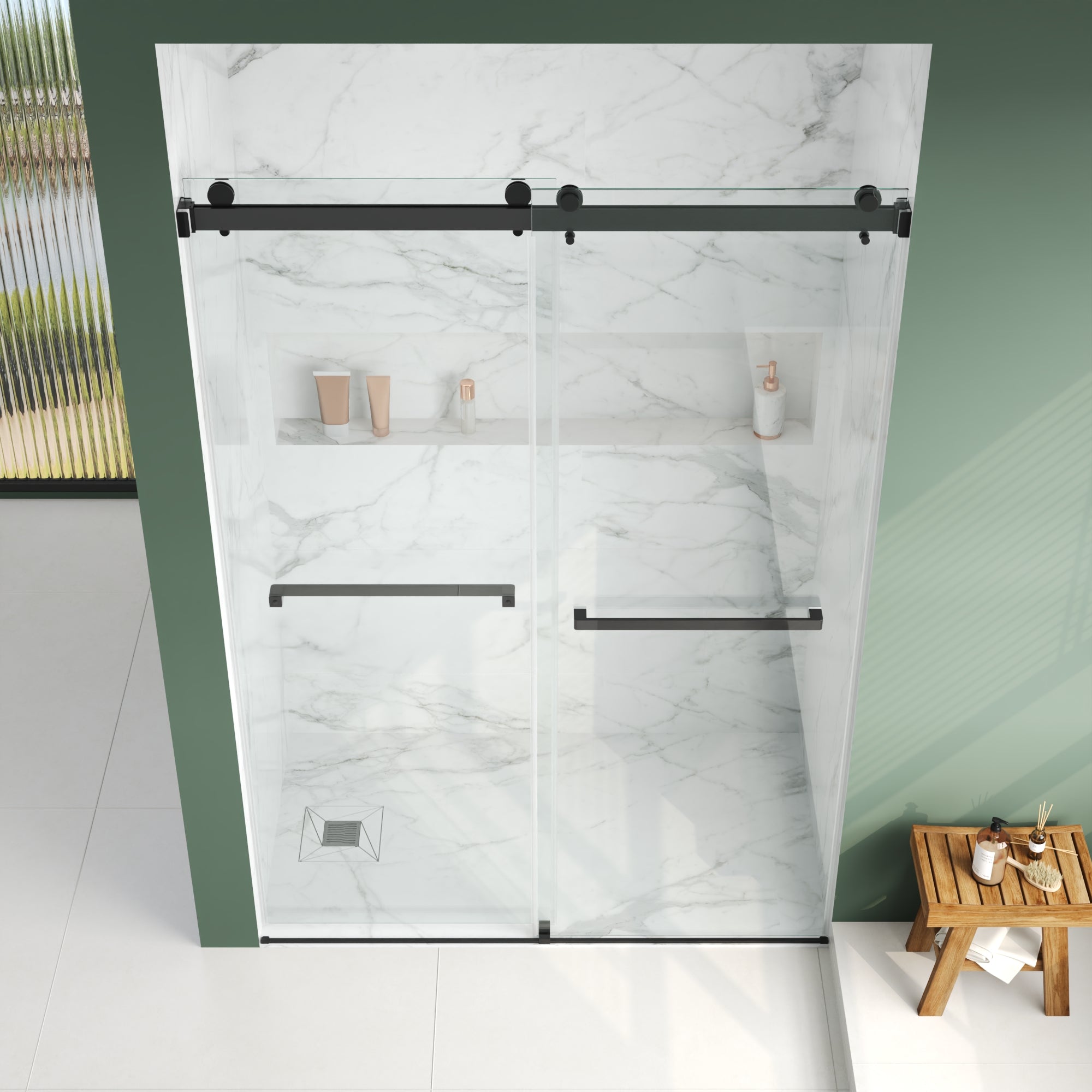 76×48" Frameless Dual-Sliding Shower Door with 5/16" Tempered Glass, 304 Stainless Steel Hardware, Anti-Jump Rollers, Dual Seals, 3-Color Options