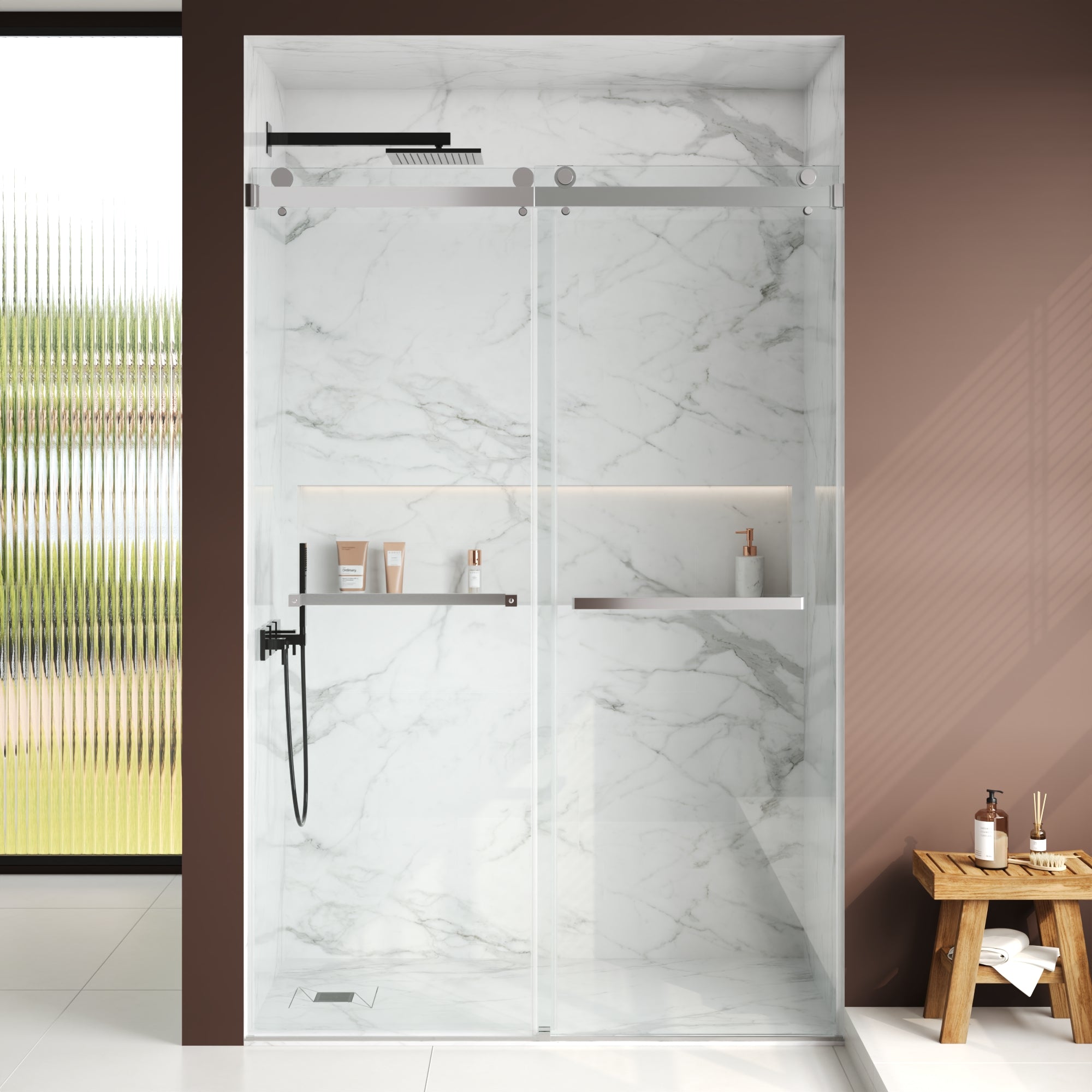 76×48" Frameless Dual-Sliding Shower Door with 5/16" Tempered Glass, 304 Stainless Steel Hardware, Anti-Jump Rollers, Dual Seals, 3-Color Options