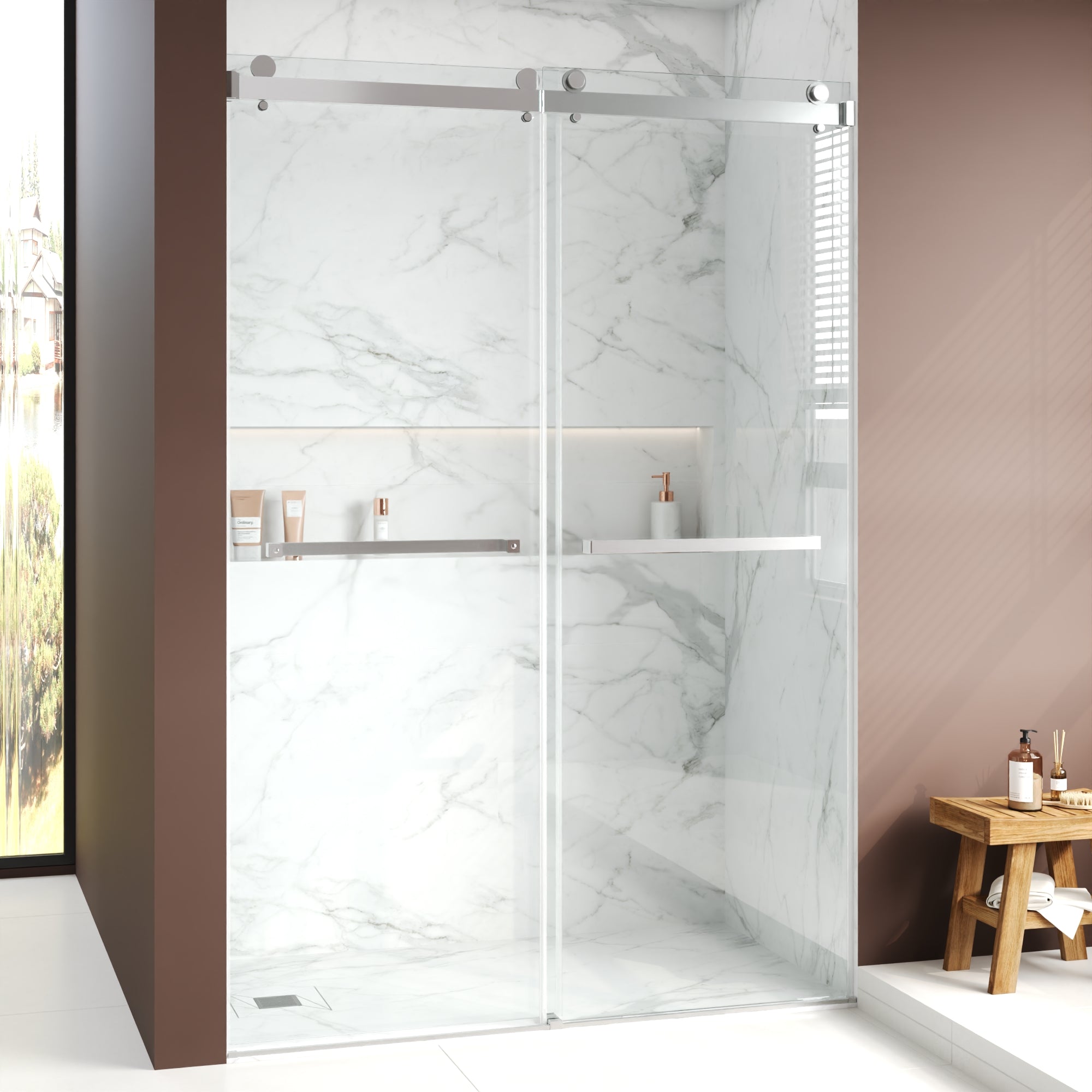 76×48" Frameless Dual-Sliding Shower Door with 5/16" Tempered Glass, 304 Stainless Steel Hardware, Anti-Jump Rollers, Dual Seals, 3-Color Options