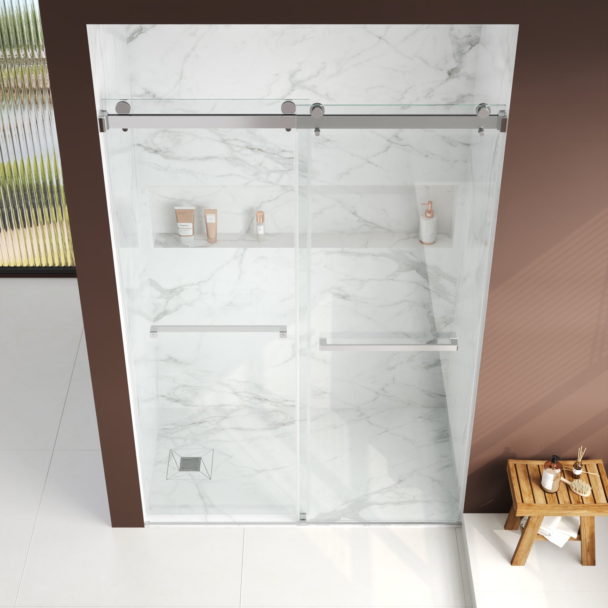 76×48" Frameless Dual-Sliding Shower Door with 5/16" Tempered Glass, 304 Stainless Steel Hardware, Anti-Jump Rollers, Dual Seals, 3-Color Options