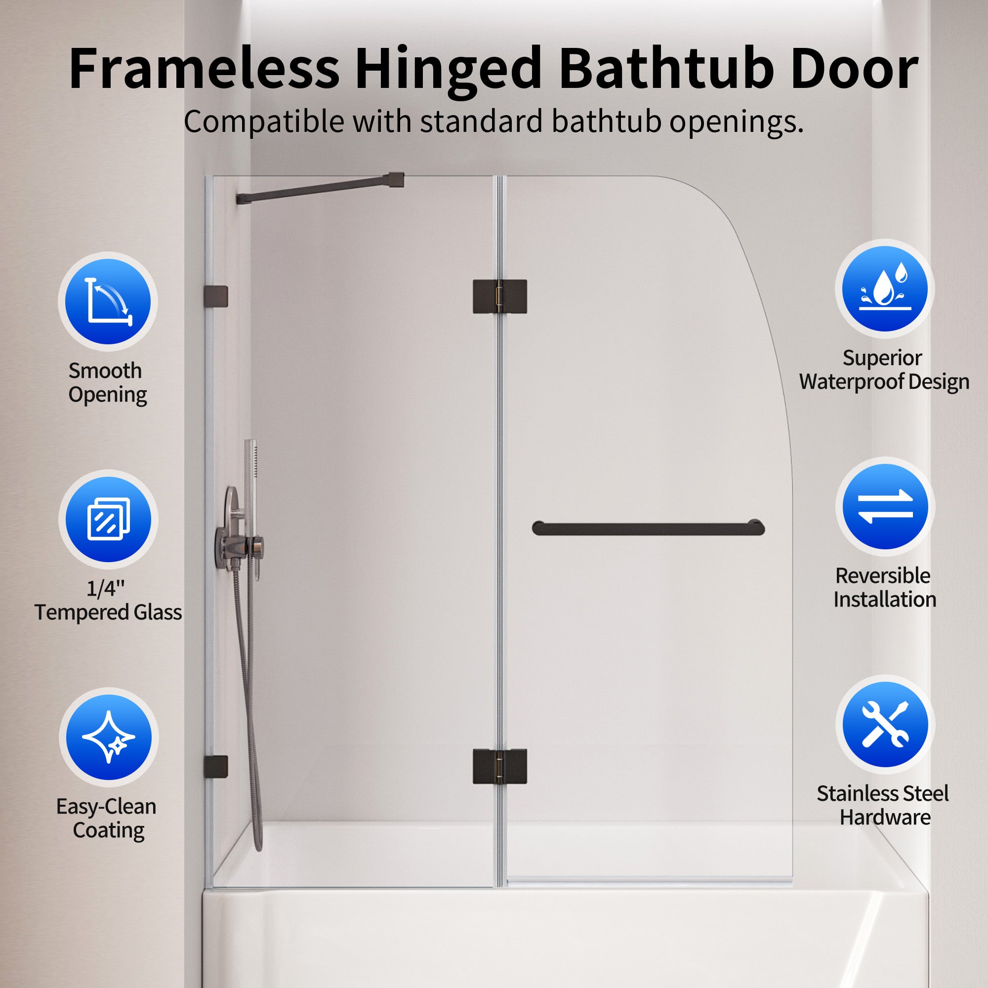 DeerValley DV-1SD0465B06 48" Frameless Bathtub Door, EasyClean & Towel Bar