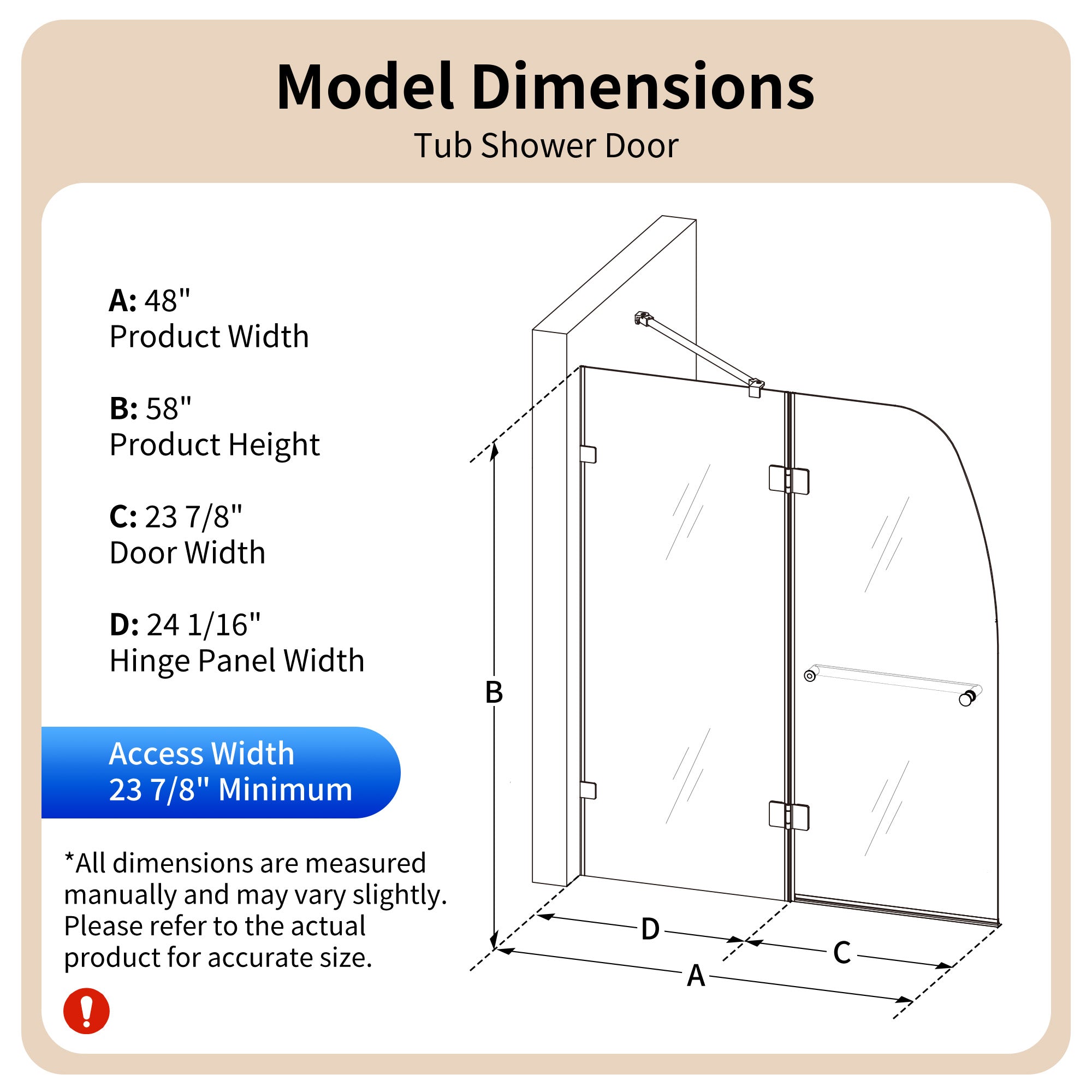DeerValley DV-1SD0465B06 48" Frameless Bathtub Door, EasyClean & Towel Bar