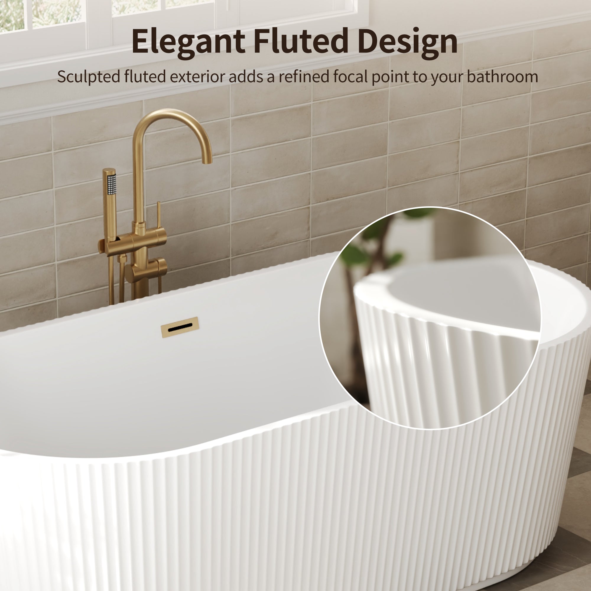 DeerValley DV-1T0582/DV-1T0583 55"/66" Acrylic Freestanding Bathtub, Deep Soaking Tub with Center Drain & Integrated Overflow, Modern White Standalone Shower Tub Ergonomic Design