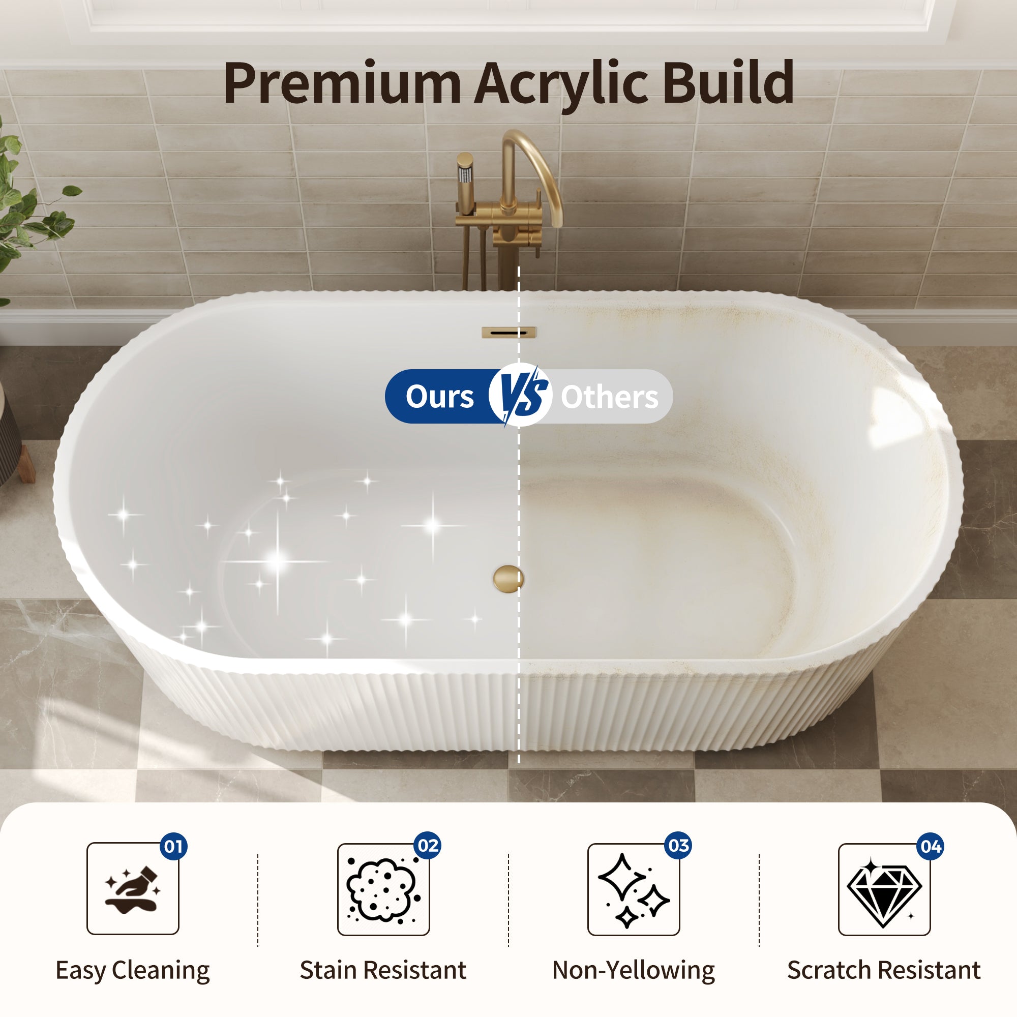 DeerValley DV-1T0582/DV-1T0583 55"/66" Acrylic Freestanding Bathtub, Deep Soaking Tub with Center Drain & Integrated Overflow, Modern White Standalone Shower Tub Ergonomic Design