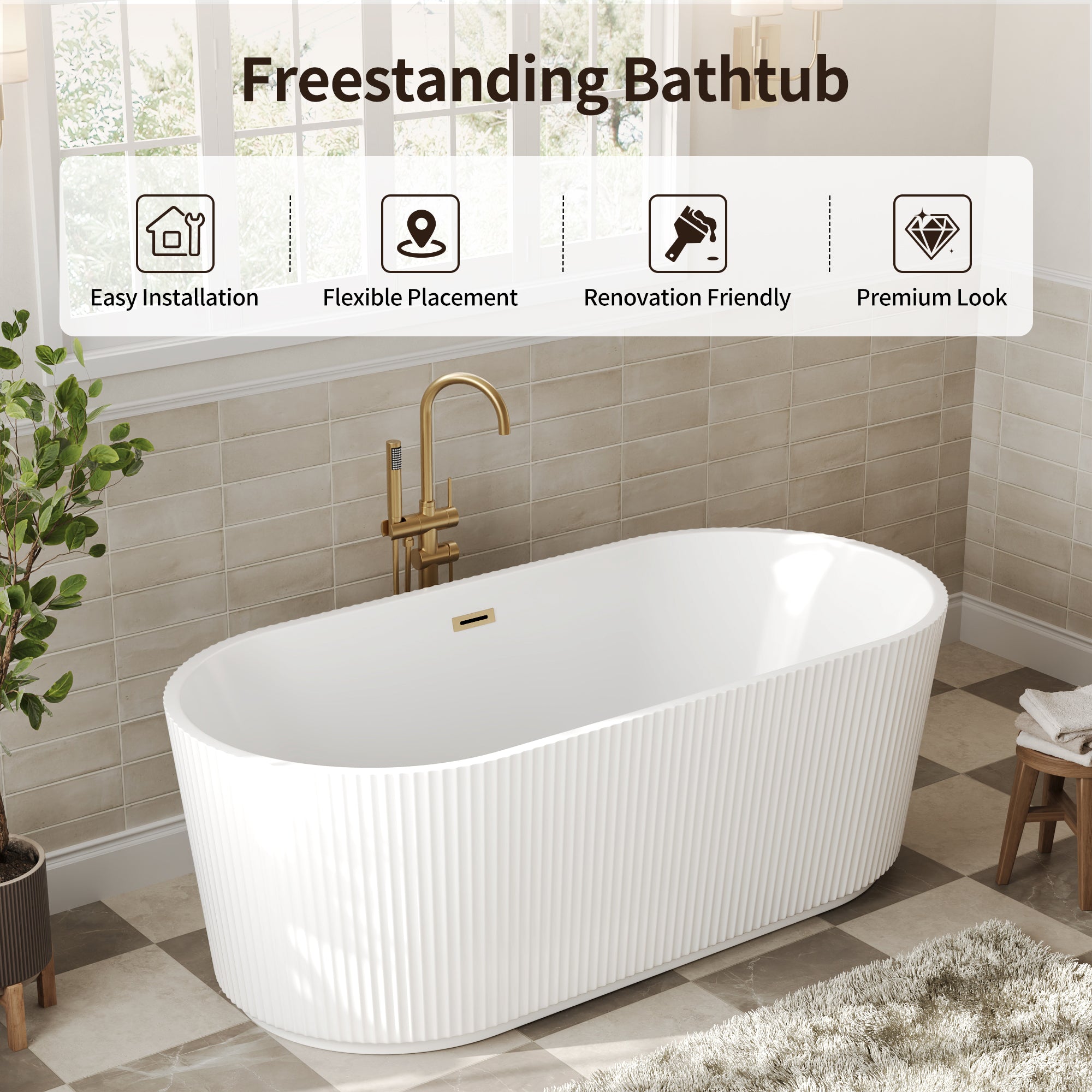 DeerValley DV-1T0582/DV-1T0583 55"/66" Acrylic Freestanding Bathtub, Deep Soaking Tub with Center Drain & Integrated Overflow, Modern White Standalone Shower Tub Ergonomic Design