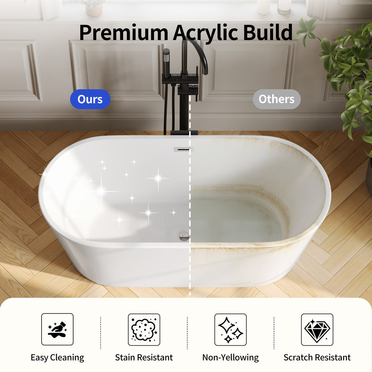 DeerValley Freestanding Soaking Tub, Ergonomic Deep Soak & Leak-Proof Design