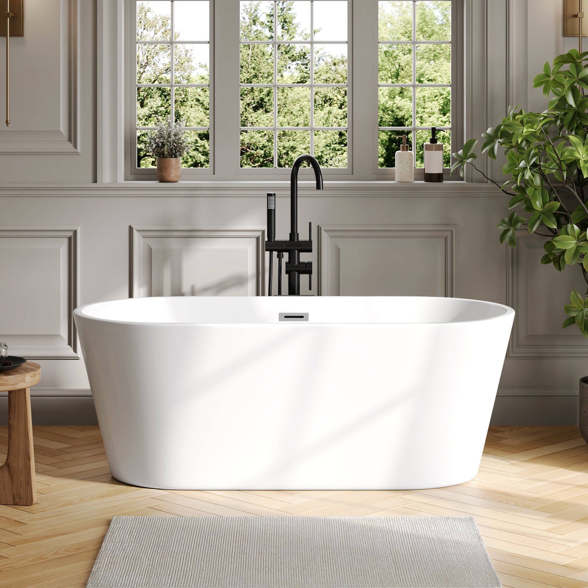 DeerValley DV-1T131S 59"Acrylic Freestanding Bathtub, Deep Soaking Tub with Center Drain & Integrated Overflow, Modern White Standalone Shower Tub Ergonomic Design