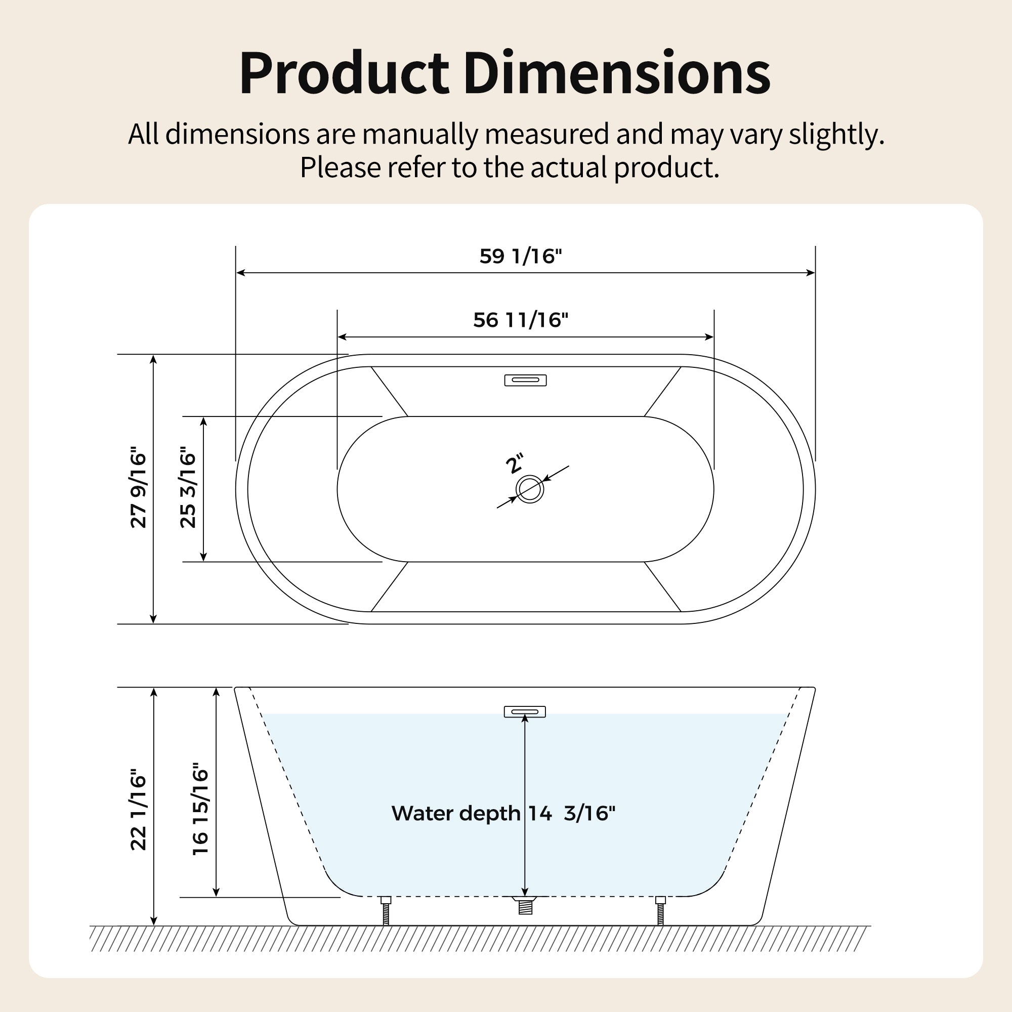 DeerValley DV-1T131S 59"Acrylic Freestanding Bathtub, Deep Soaking Tub with Center Drain & Integrated Overflow, Modern White Standalone Shower Tub Ergonomic Design