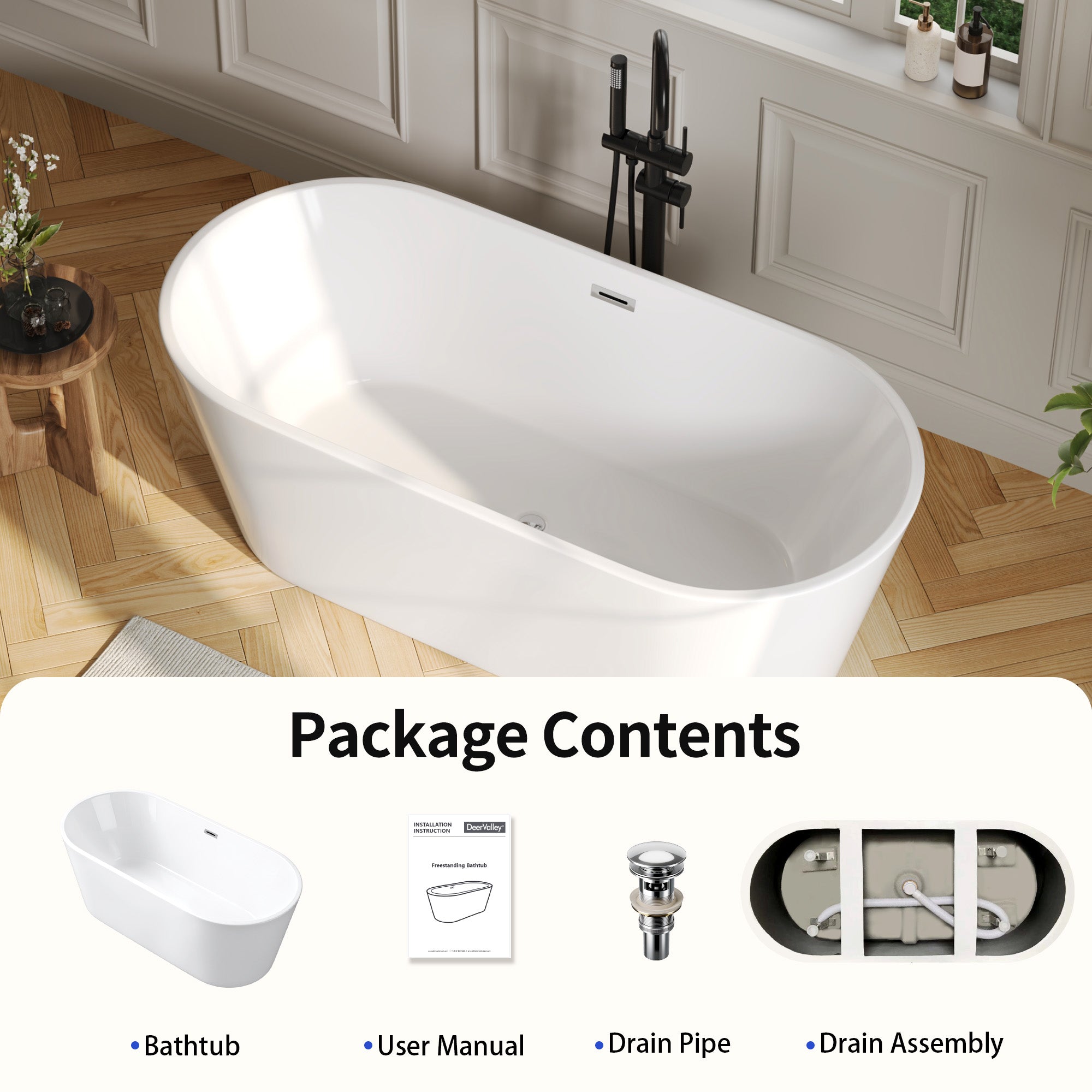DeerValley DV-1T131S 59"Acrylic Freestanding Bathtub, Deep Soaking Tub with Center Drain & Integrated Overflow, Modern White Standalone Shower Tub Ergonomic Design