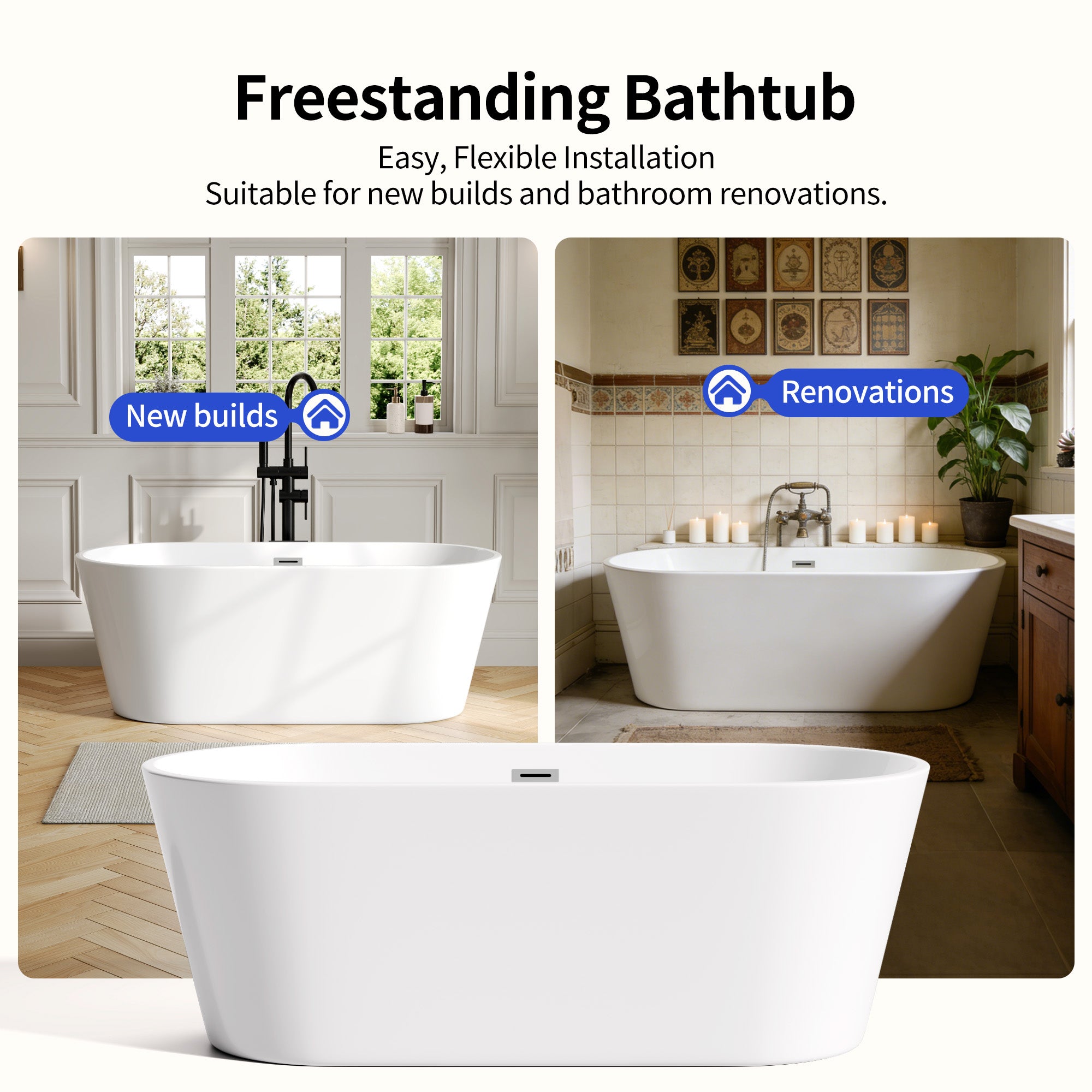 DeerValley DV-1T131S 59"Acrylic Freestanding Bathtub, Deep Soaking Tub with Center Drain & Integrated Overflow, Modern White Standalone Shower Tub Ergonomic Design