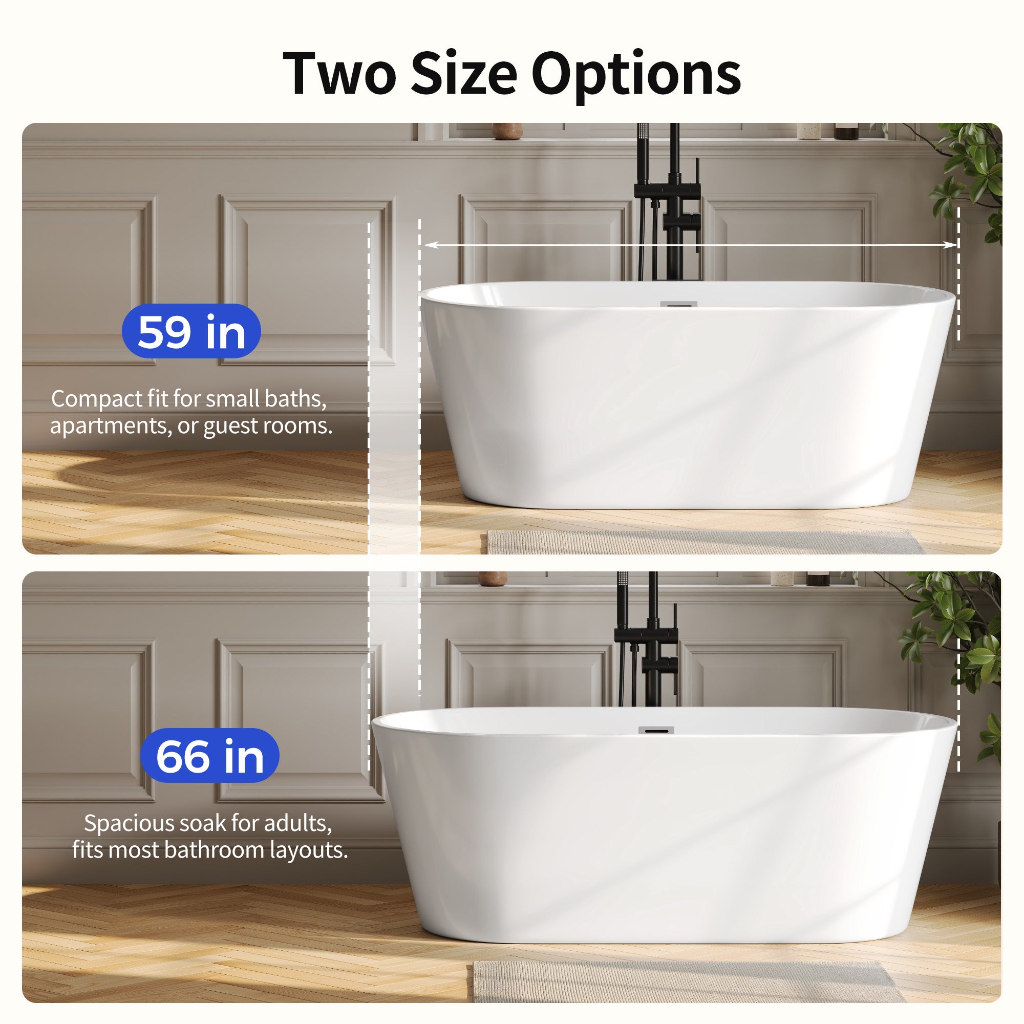 DeerValley DV-1T131S 59"Acrylic Freestanding Bathtub, Deep Soaking Tub with Center Drain & Integrated Overflow, Modern White Standalone Shower Tub Ergonomic Design
