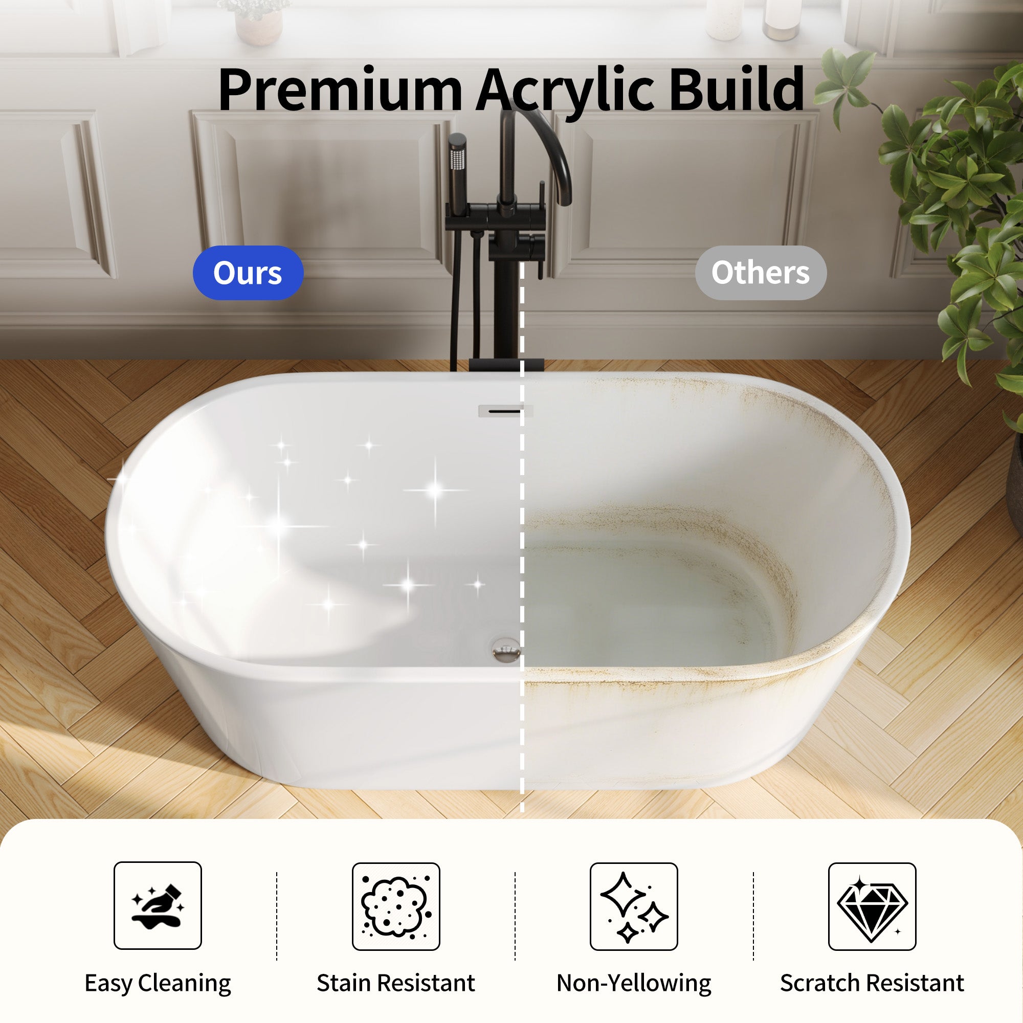 DeerValley DV-1T131S 59"Acrylic Freestanding Bathtub, Deep Soaking Tub with Center Drain & Integrated Overflow, Modern White Standalone Shower Tub Ergonomic Design