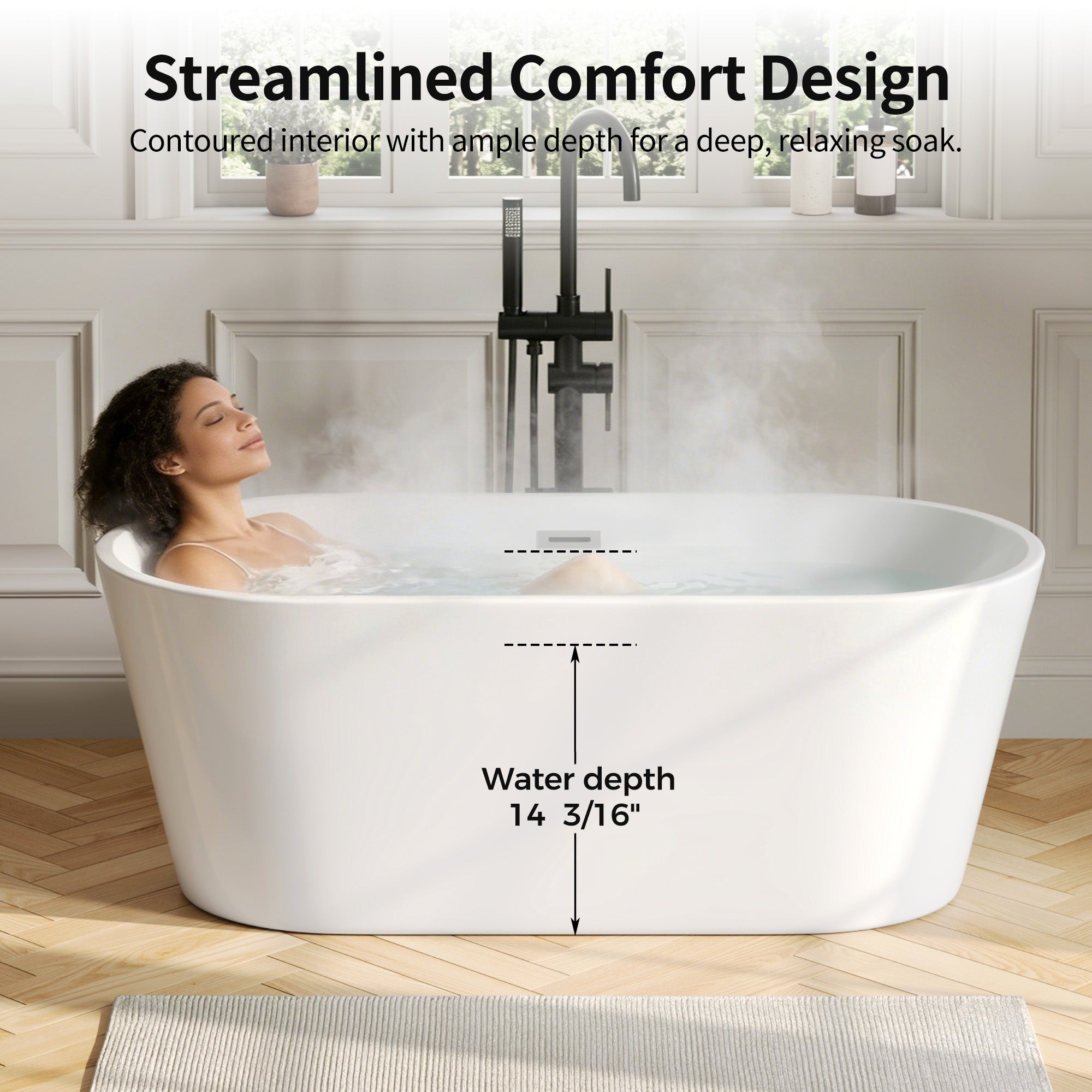 DeerValley DV-1T131S 59"Acrylic Freestanding Bathtub, Deep Soaking Tub with Center Drain & Integrated Overflow, Modern White Standalone Shower Tub Ergonomic Design