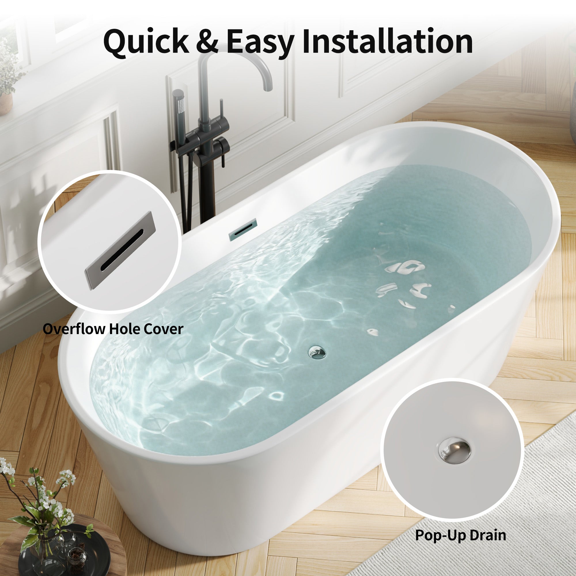 DeerValley DV-1T131S 59"Acrylic Freestanding Bathtub, Deep Soaking Tub with Center Drain & Integrated Overflow, Modern White Standalone Shower Tub Ergonomic Design