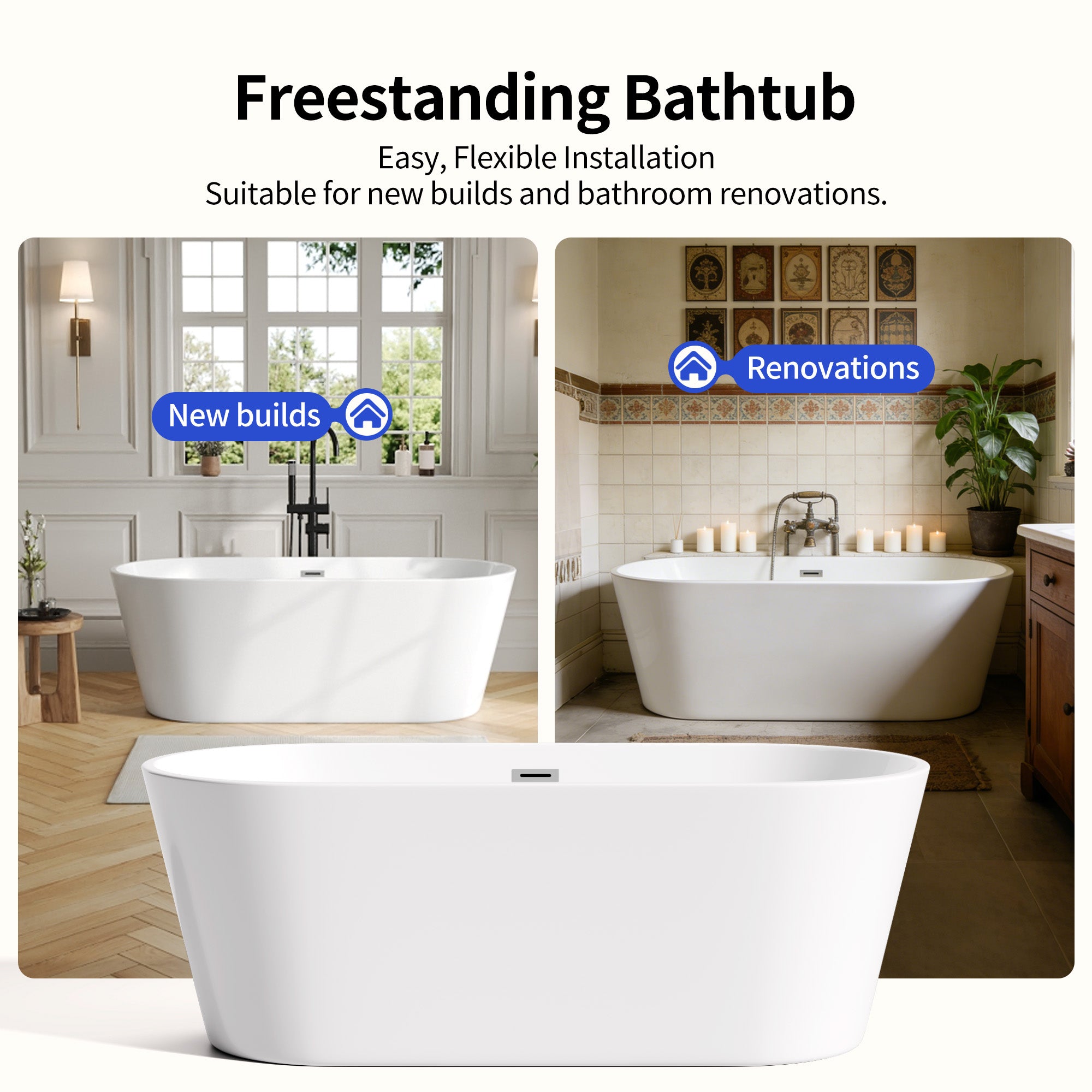 DeerValley DV-1T133S 67"Acrylic Freestanding Bathtub, Deep Soaking Tub with Center Drain & Integrated Overflow, Modern White Standalone Shower Tub Ergonomic Design