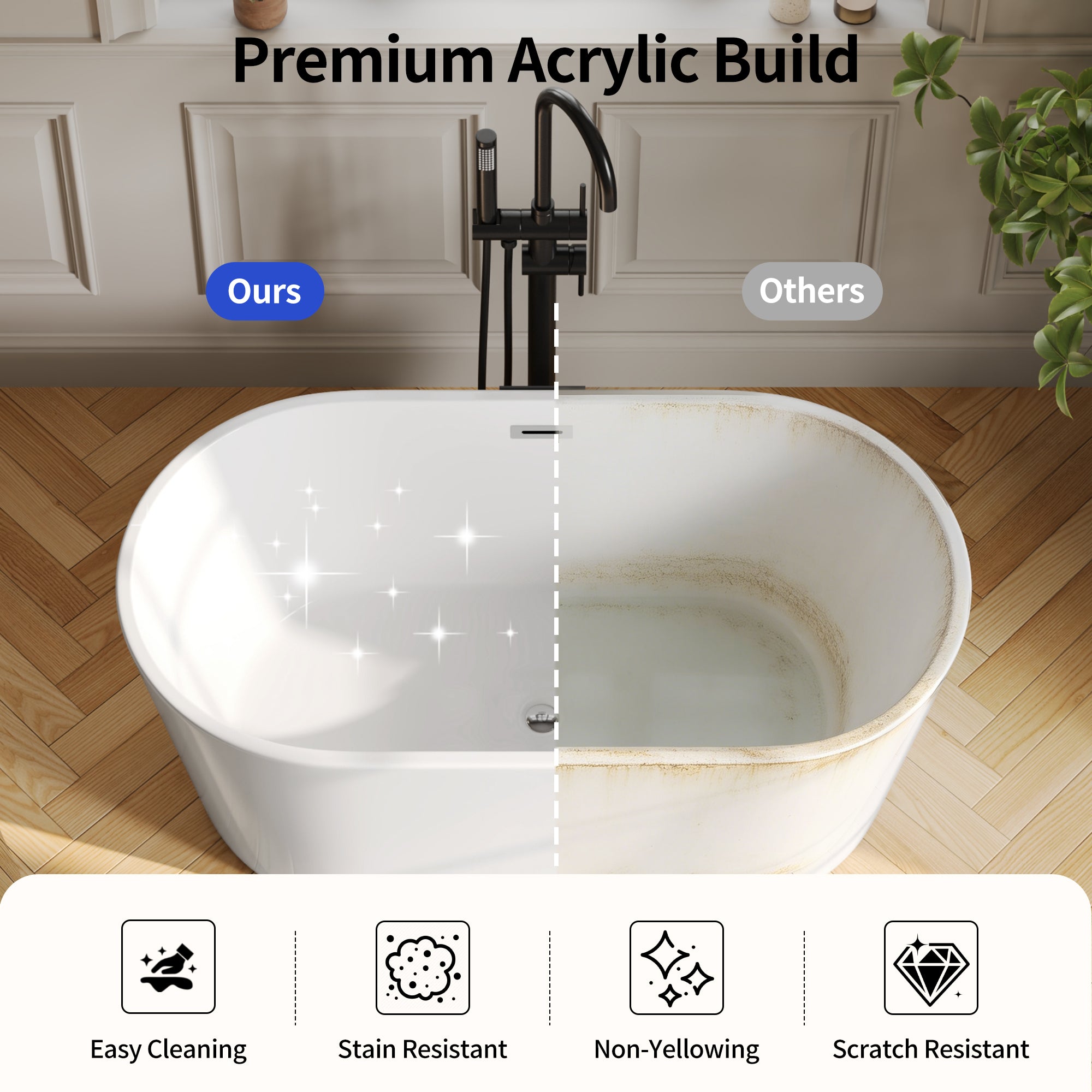 DeerValley DV-1T0582 Freestanding Soaking Tub, Deep 14" Water Depth & Leak-Proof Design