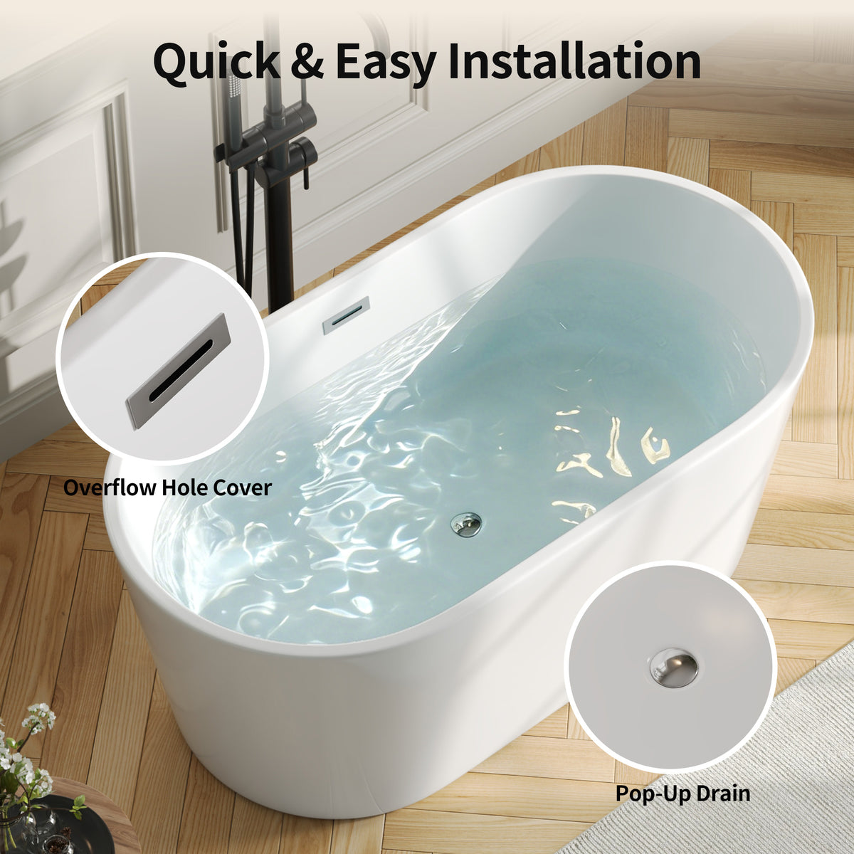 DeerValley DV-1T0582 Freestanding Soaking Tub, Deep 14" Water Depth & Leak-Proof Design