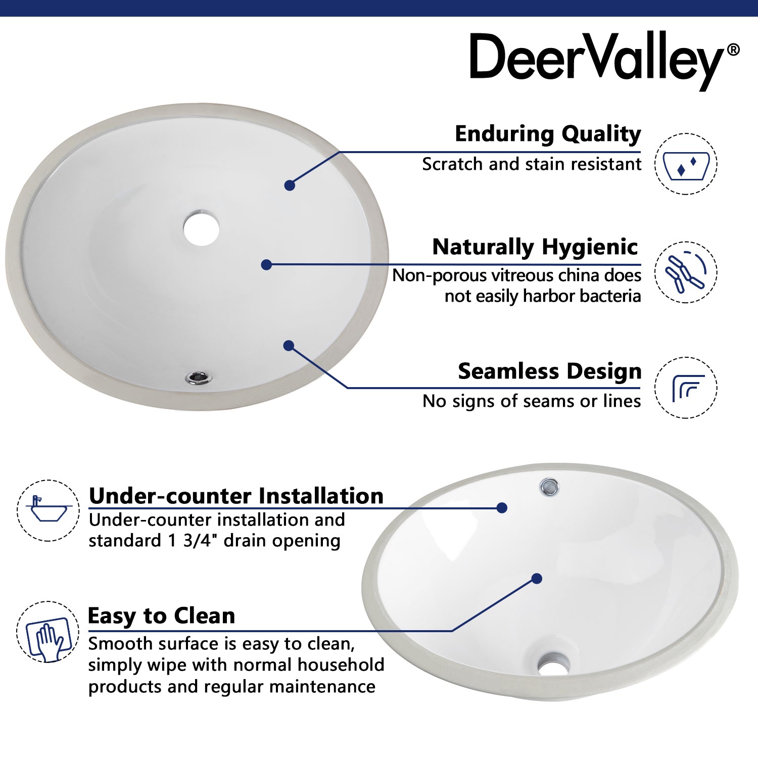 DeerValley Bath DeerValley DV-1U301 Liberty 16 1/2" X 13 3/8" Oval Vitreous China Undermount Bathroom Sink With Overflow Hole Undermount Sinks