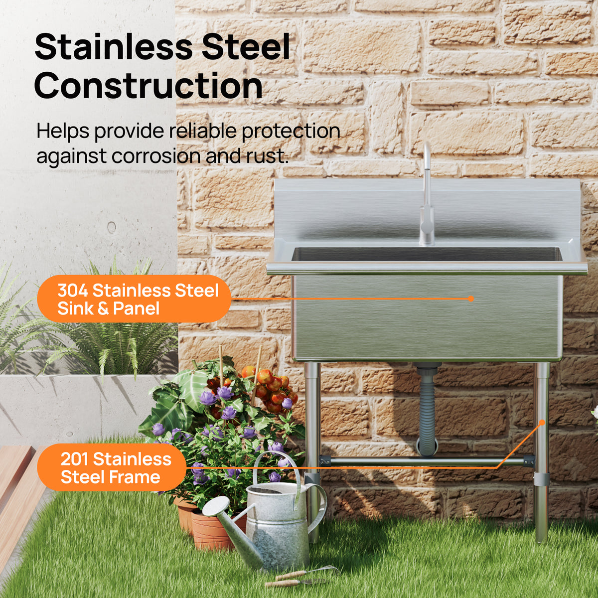 DeerValley DV-1US0550/551/552 Stainless Steel Utility Sink, Deep Basin & Freestanding X-Drain