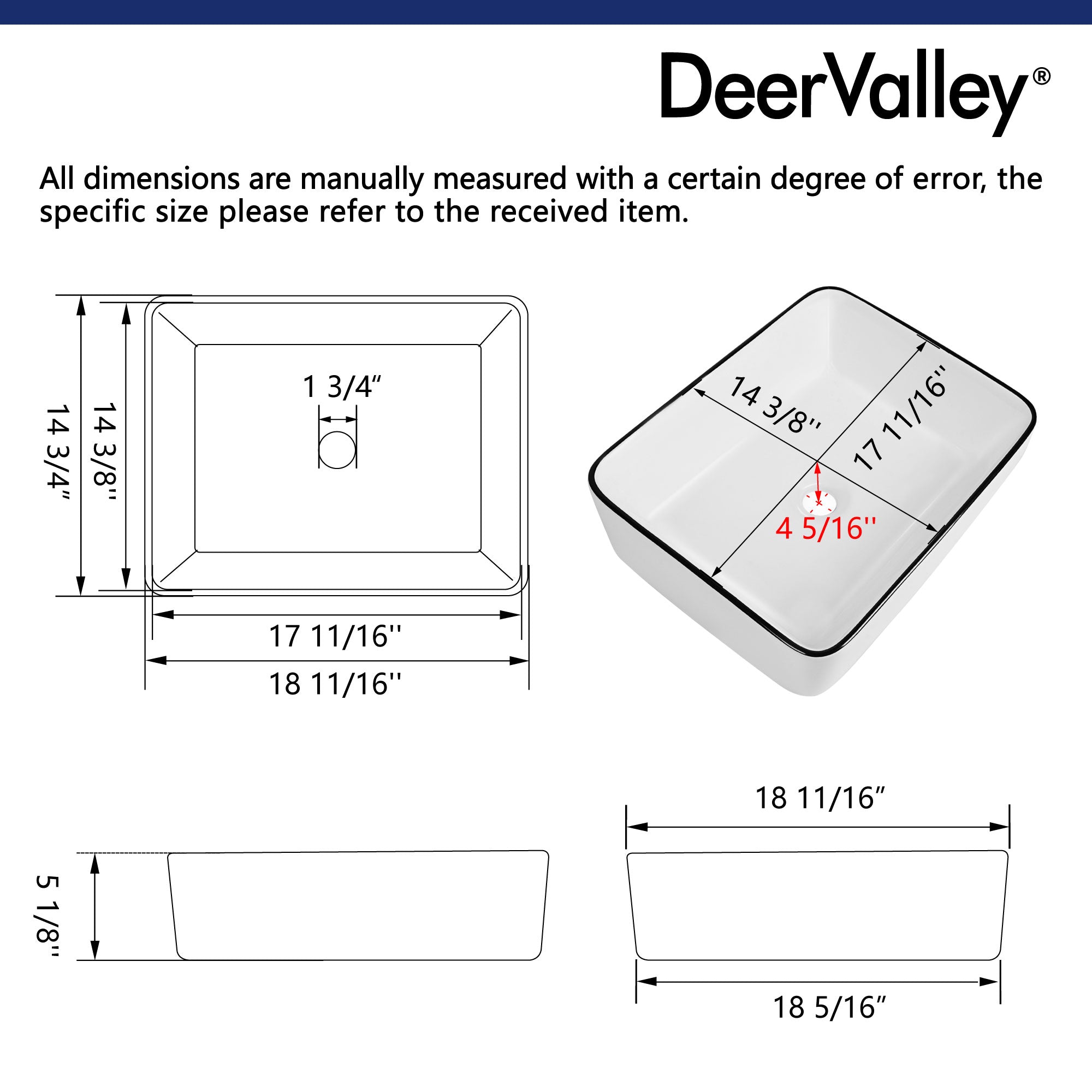 ALLY 19" Rectangular Vessel Bathroom Sink, Without Overflow