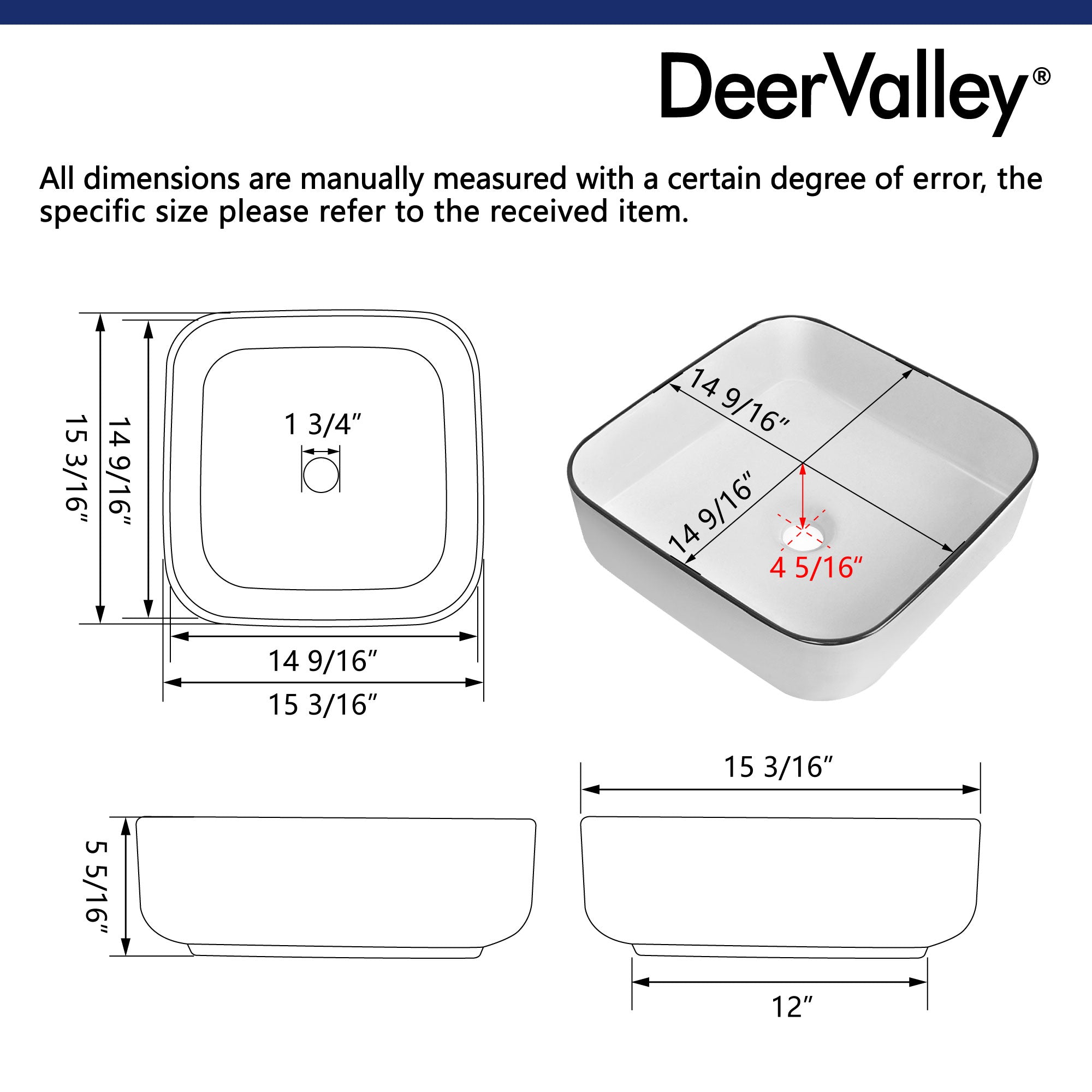 ACE 15" Square Vessel Bathroom Sink, Without Overflow