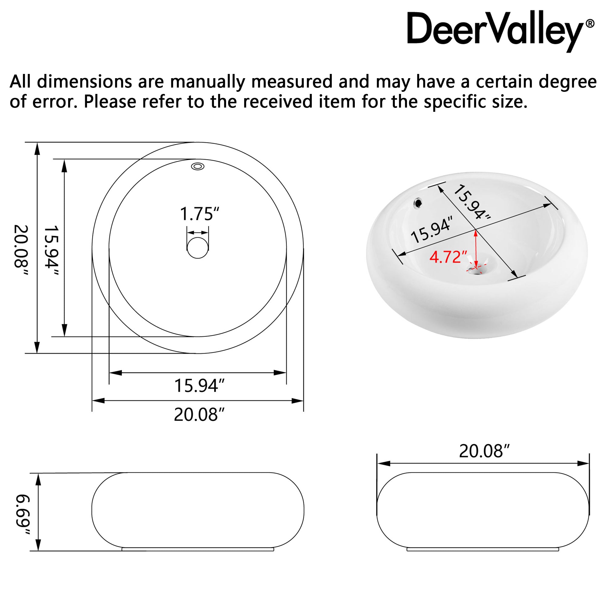 20" x 7" Round Vessel Bathroom Sink, Overflow Hole
