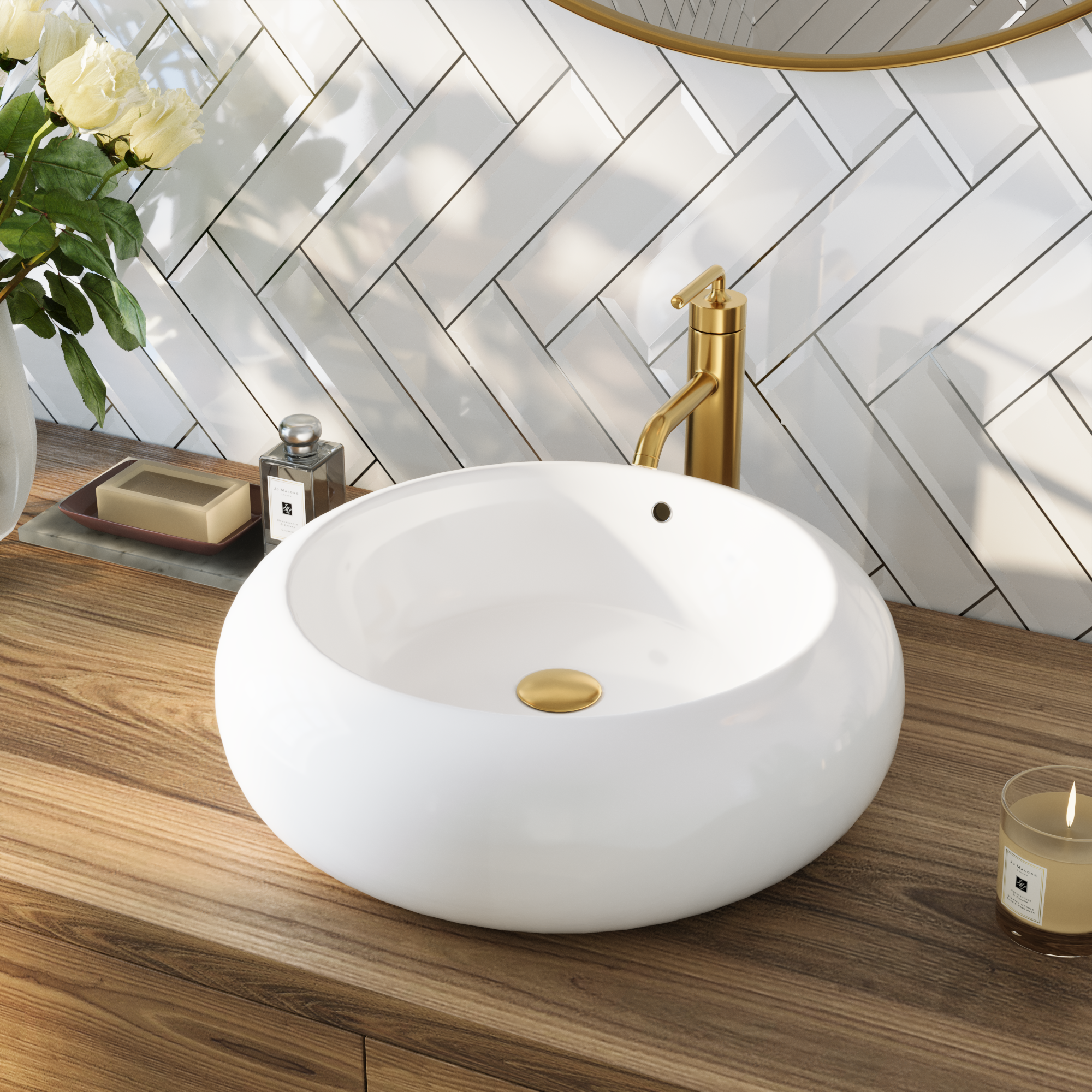 20" x 7" Round Vessel Bathroom Sink, Overflow Hole