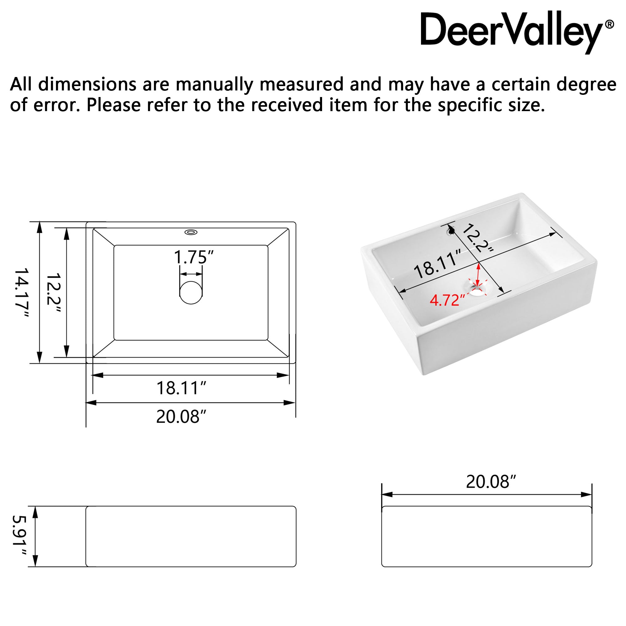 20" x 14" Rectangle Vessel Bathroom Sink, Seamless Design