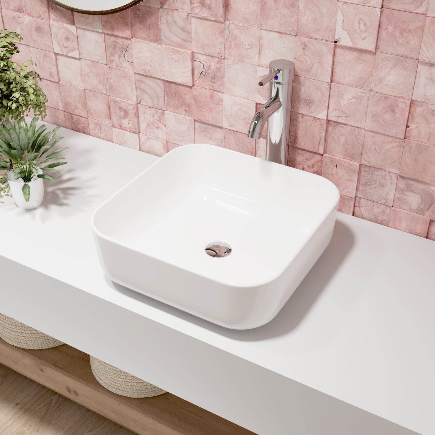 ACE 15" Square Vessel Bathroom Sink, Without Overflow