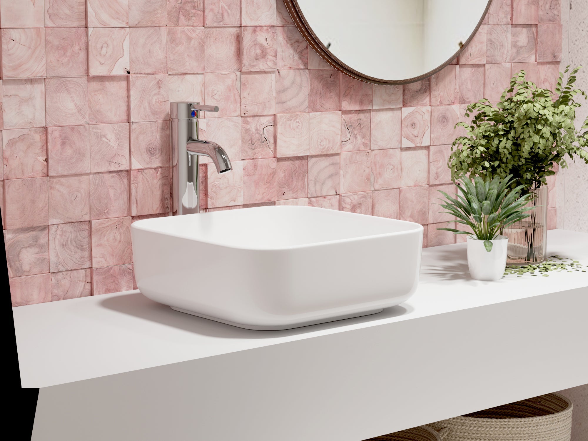 ACE 15" Square Vessel Bathroom Sink, Without Overflow