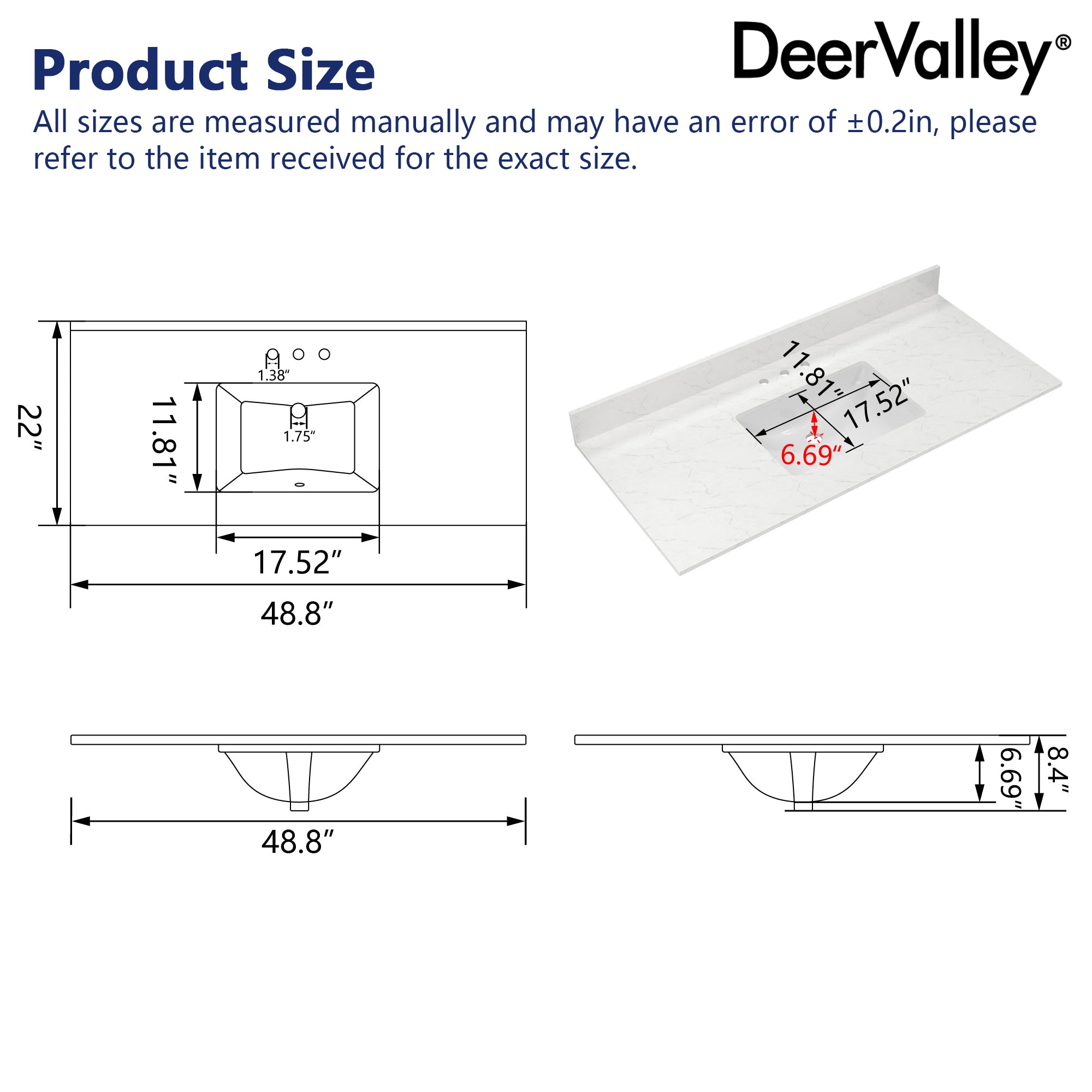 48.8" Rectangular Vanity Top Sink, Overflow Hole