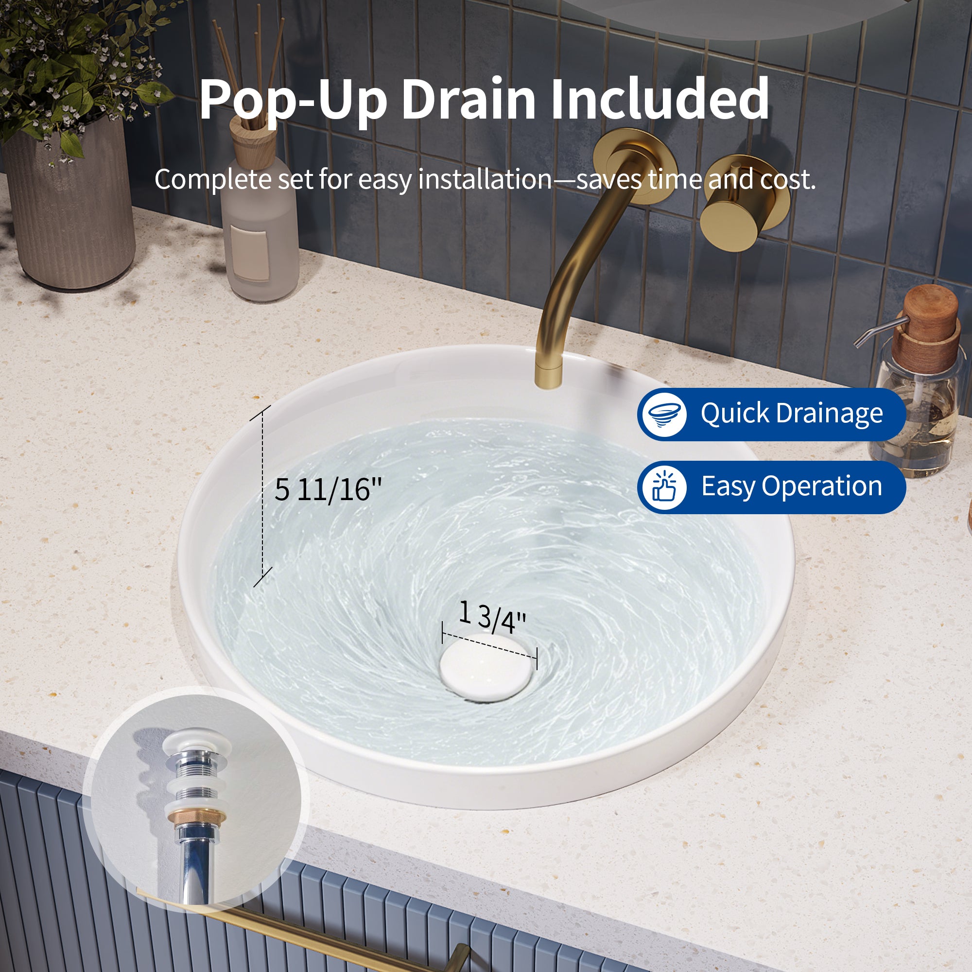DeerValley DV-1V0473/DV-1V0475 Vessel Sink, Round Non-Porous Ceramic, No-Overflow