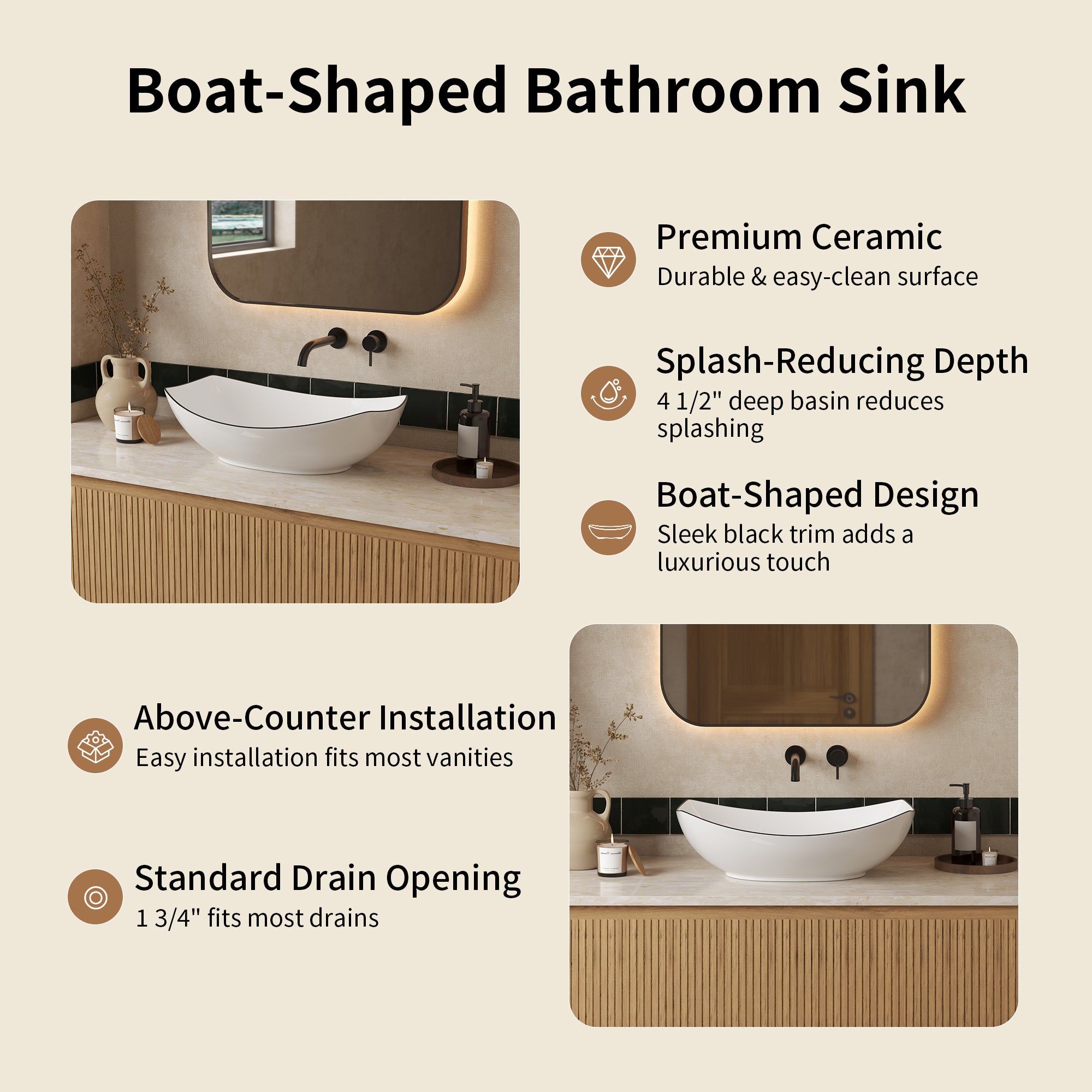 DeerValley DV-1V0589 Boat-Shaped Vessel Sink, Ceramic & Easy Clean