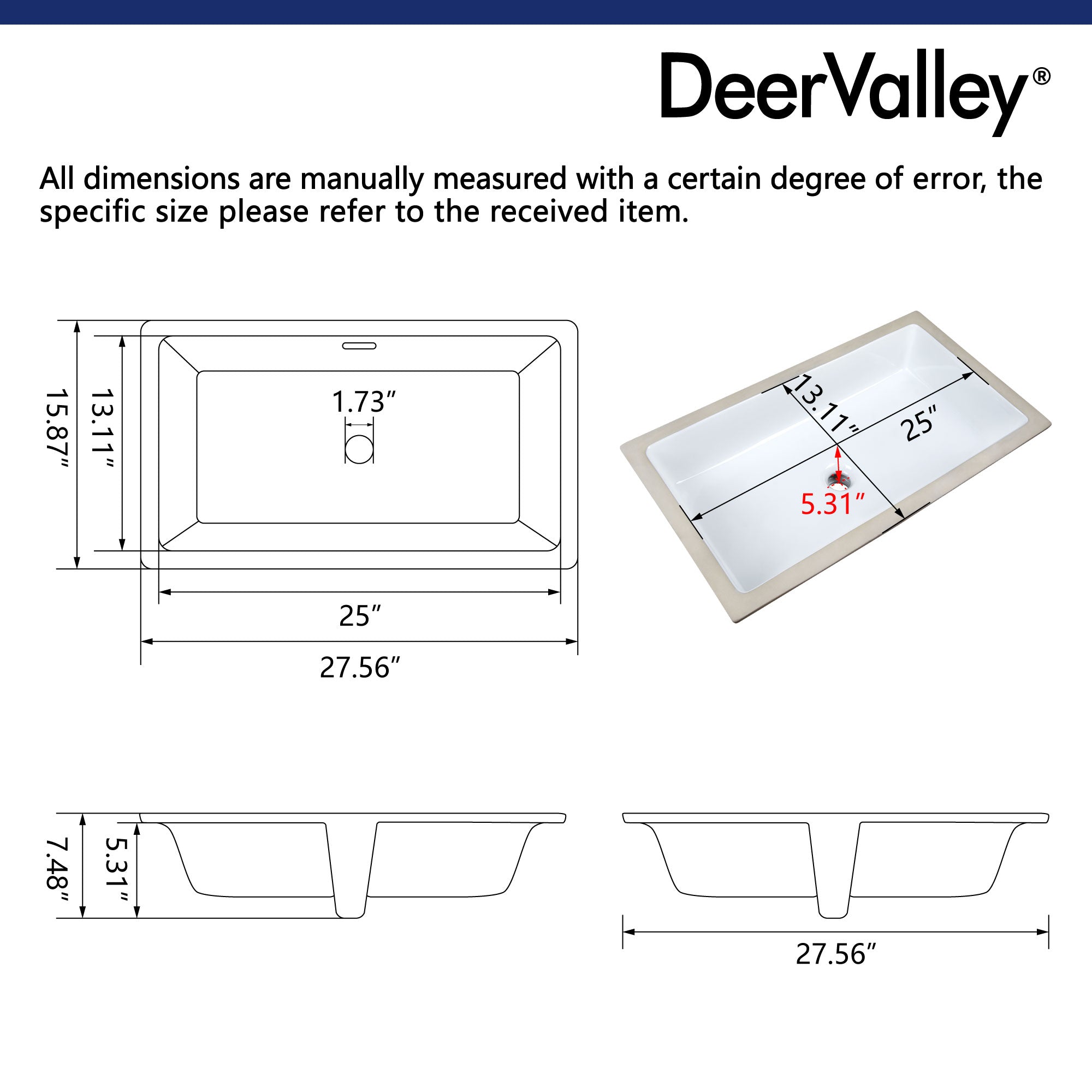 27.5" x 16" Rectangular Undermount Bathroom Sink, Overflow Hole