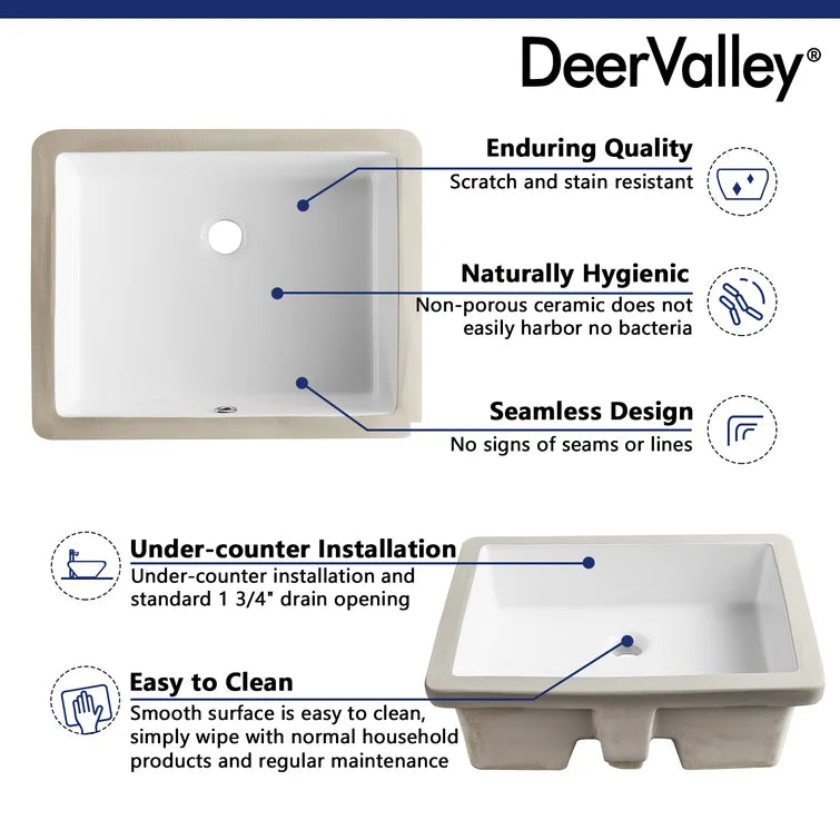DeerValley Bath DeerValley DV-1U202 Ursa 22*15.5 White Ceramic Undermount Rectangular Space-Saving Bathroom Sink with Overflow Undermount Sinks