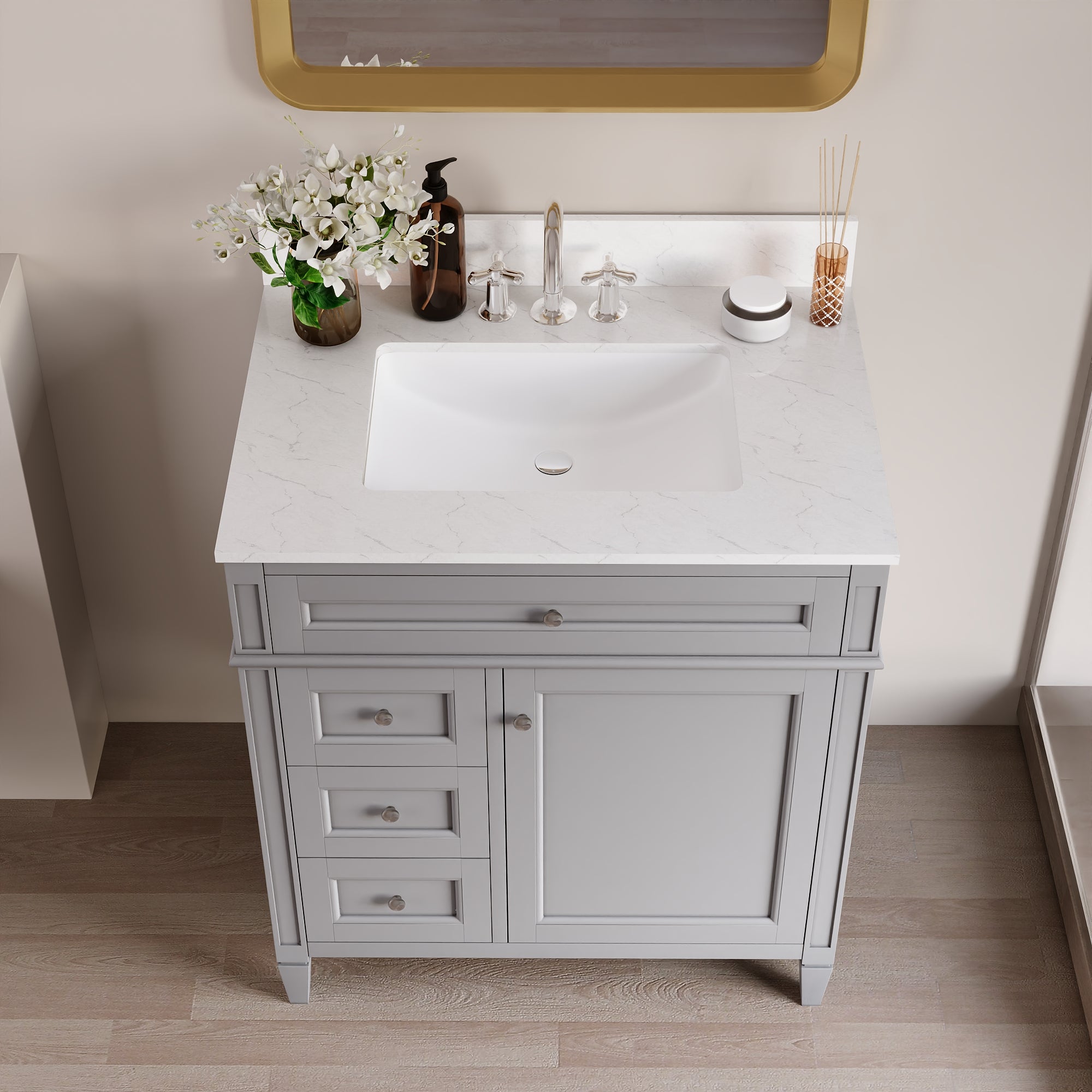 DeerValley 30 Inch Bathroom Vanity with Sink and Backsplash, Pre-Assembled Modern Bath Cabinet with Storage, Soft Close Doors, White / Light Gray