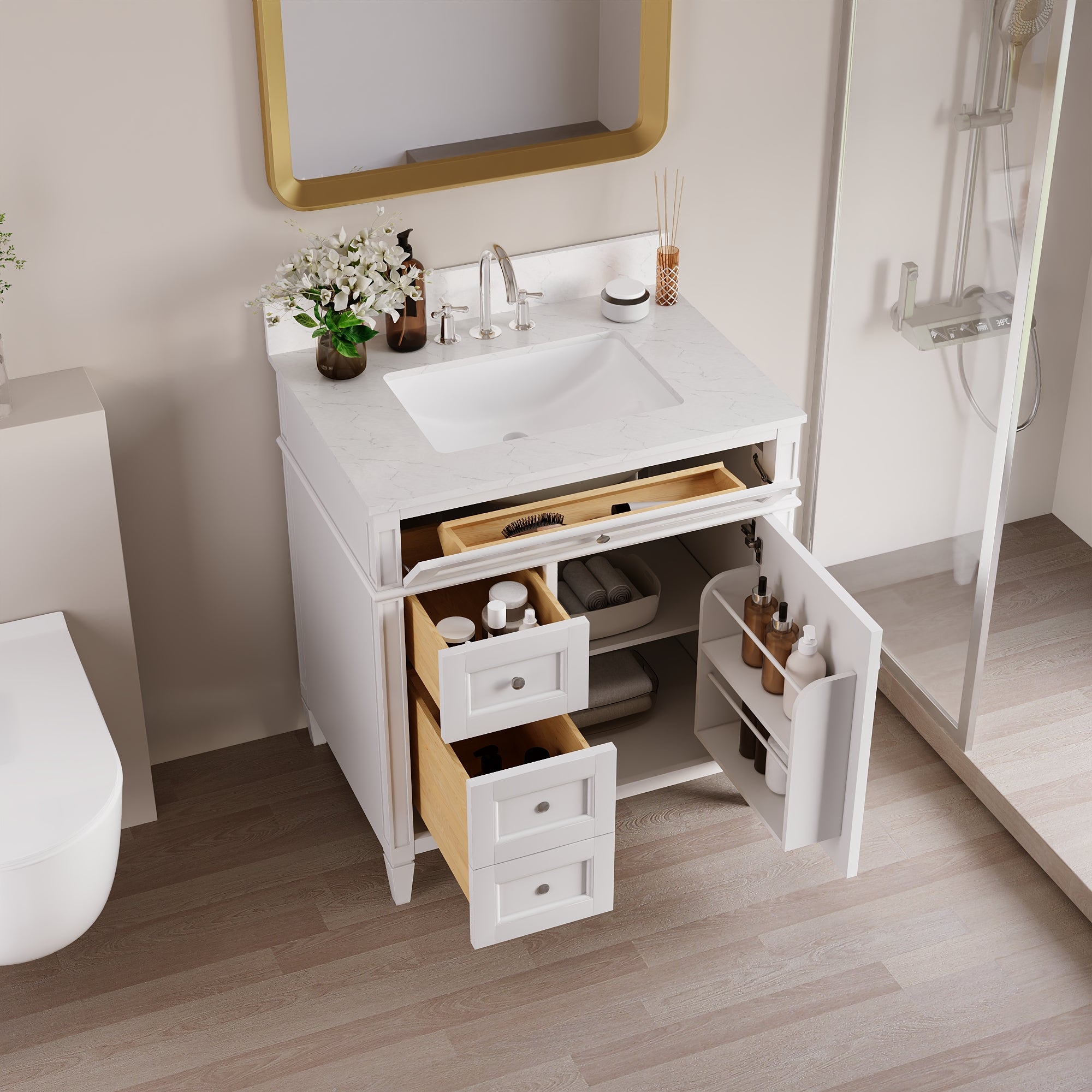 DeerValley 30 Inch Bathroom Vanity with Sink and Backsplash, Pre-Assembled Modern Bath Cabinet with Storage, Soft Close Doors, White / Light Gray