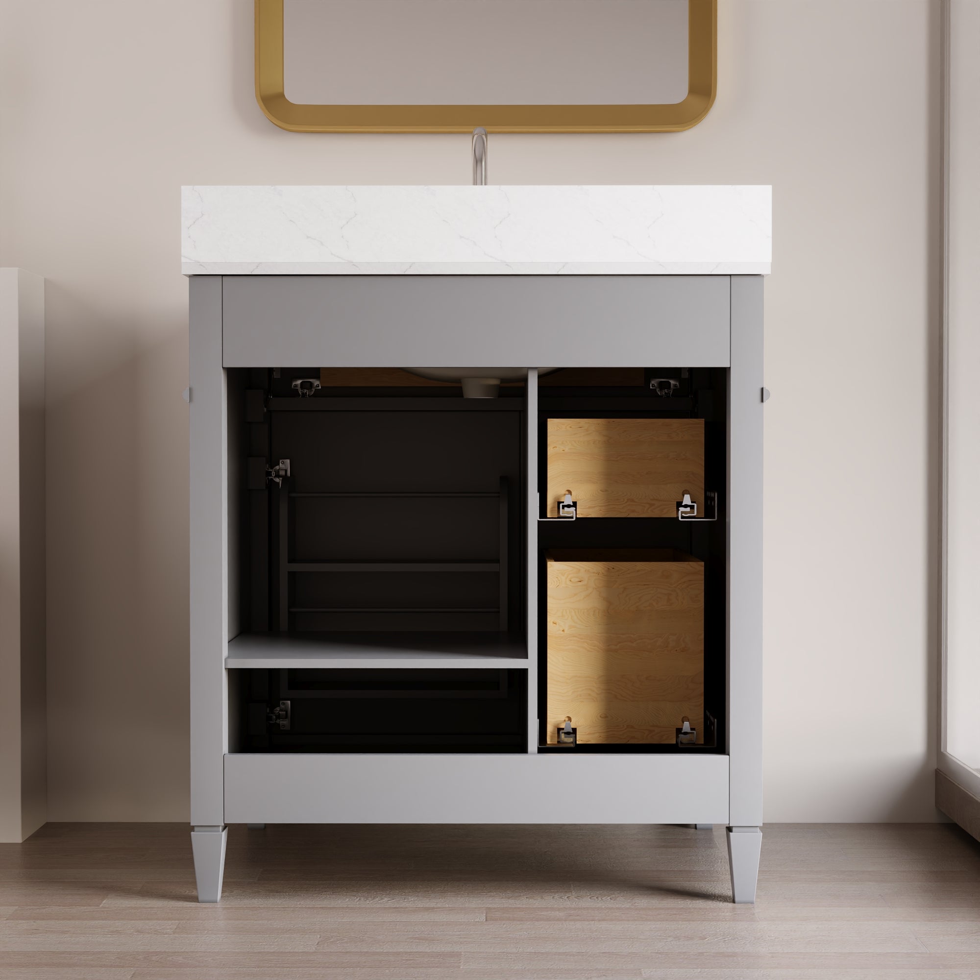 DeerValley 30 Inch Bathroom Vanity with Sink and Backsplash, Pre-Assembled Modern Bath Cabinet with Storage, Soft Close Doors, White / Light Gray