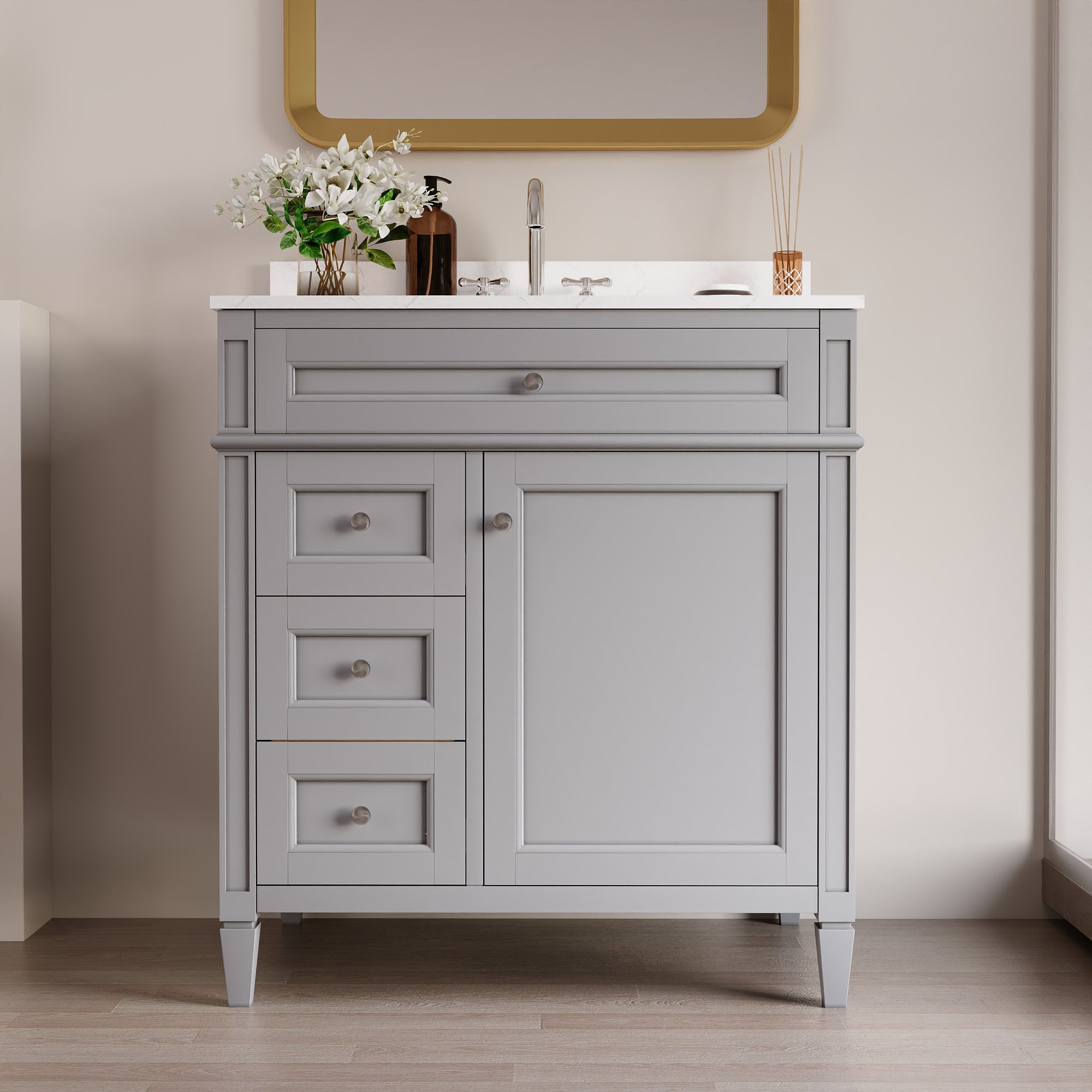 DeerValley 30 Inch Bathroom Vanity with Sink and Backsplash, Pre-Assembled Modern Bath Cabinet with Storage, Soft Close Doors, White / Light Gray