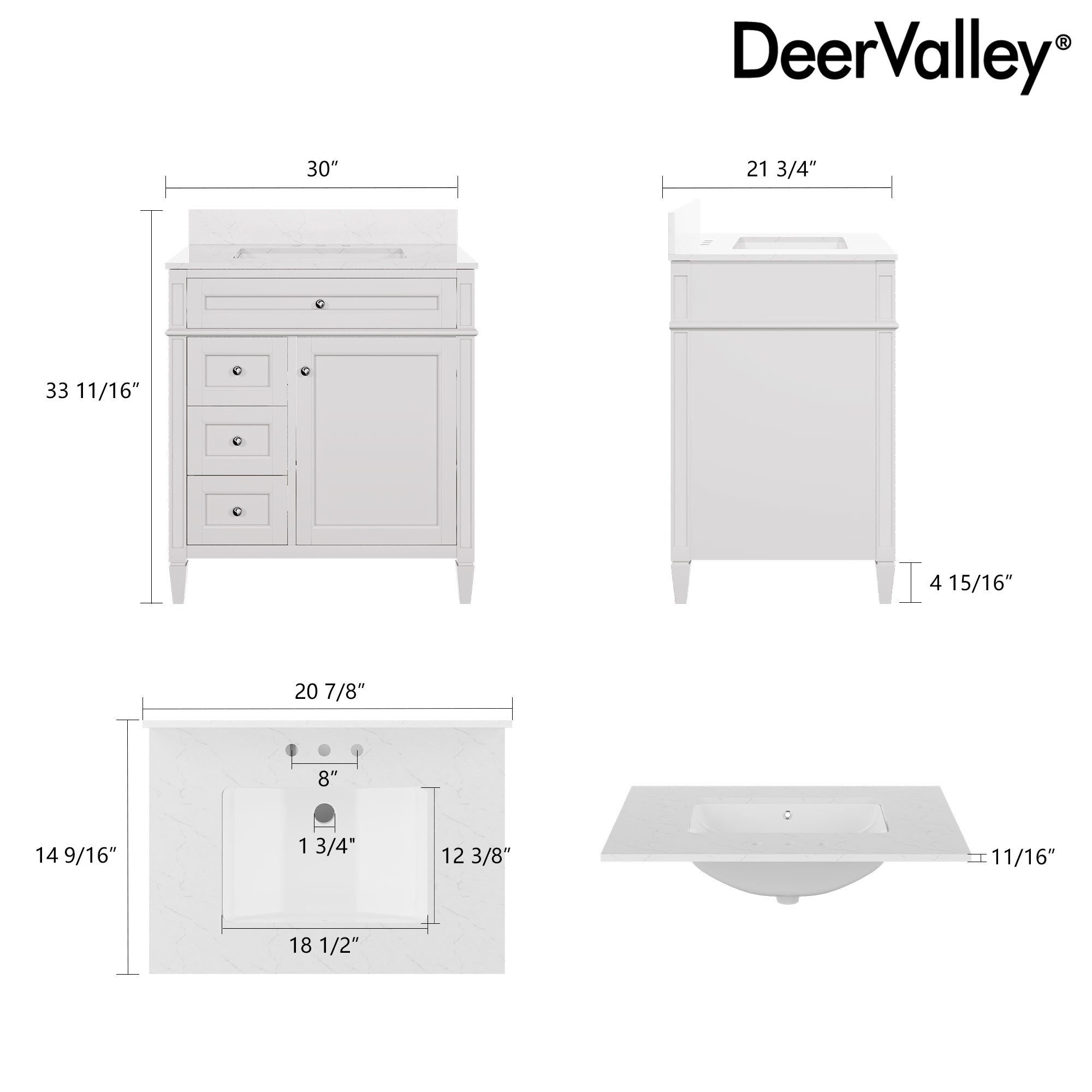 DeerValley 30 Inch Bathroom Vanity with Sink and Backsplash, Pre-Assembled Modern Bath Cabinet with Storage, Soft Close Doors, White / Light Gray