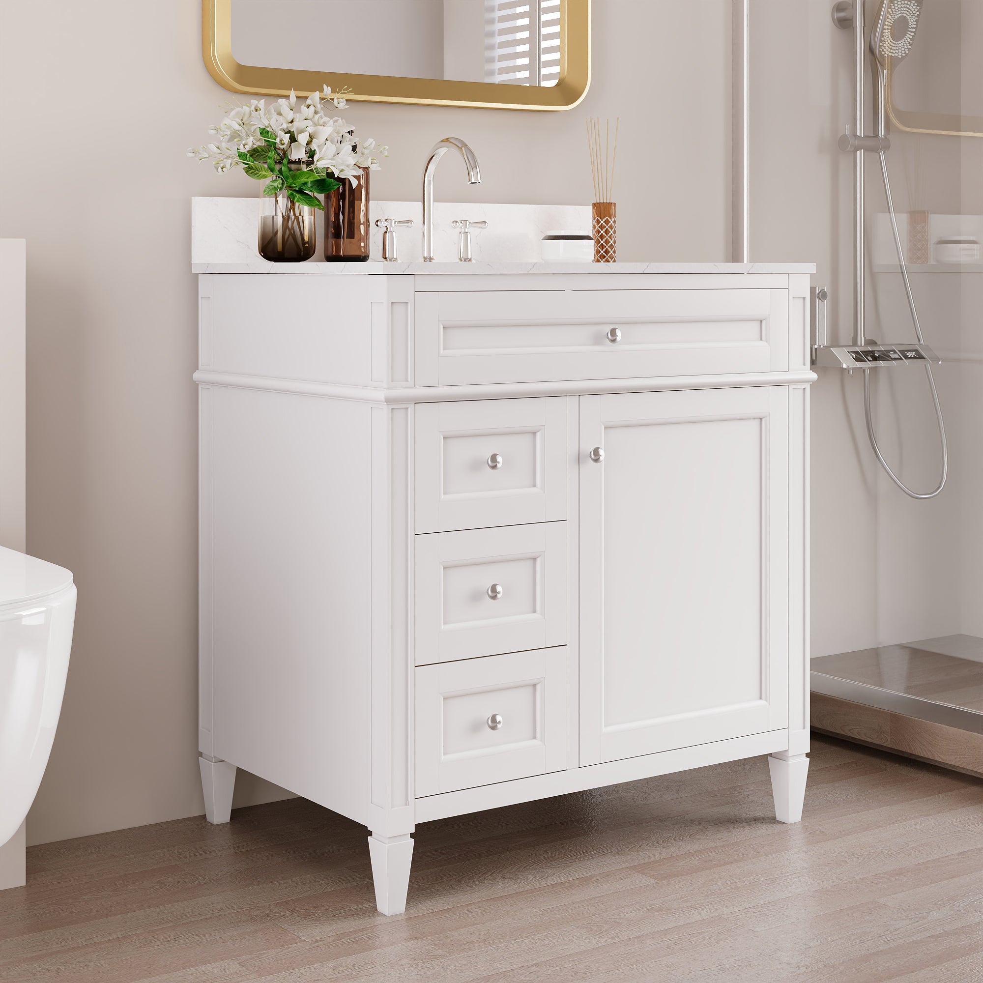 DeerValley 30 Inch Bathroom Vanity with Sink and Backsplash, Pre-Assembled Modern Bath Cabinet with Storage, Soft Close Doors, White / Light Gray