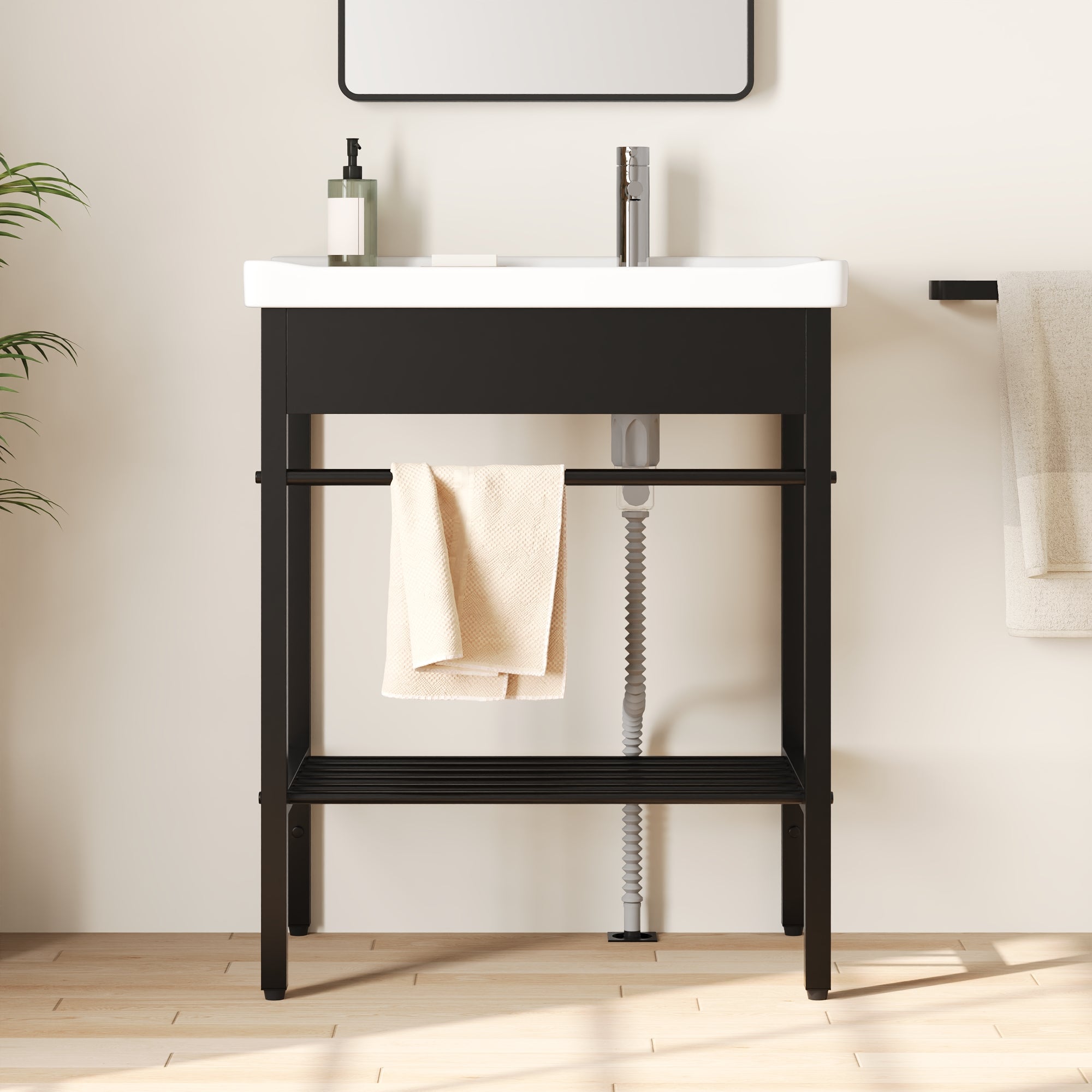 DeerValley 28"x18.5" Console Bathroom Sink, Freestanding Utility Sink with Integrated Washboard and Stainless Steel Frame, Modern White Ceramic Laundry Tub with Open Shelf, Matte Black, DV-1CS0388B