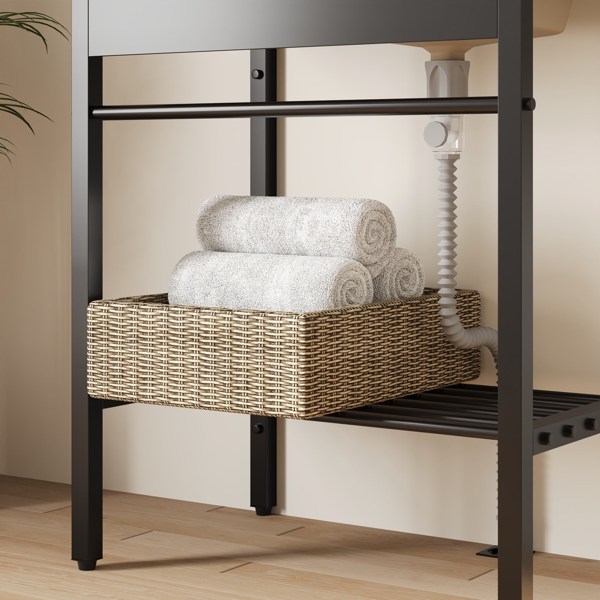 DeerValley 28"x18.5" Console Bathroom Sink, Freestanding Utility Sink with Integrated Washboard and Stainless Steel Frame, Modern White Ceramic Laundry Tub with Open Shelf, Matte Black, DV-1CS0388B