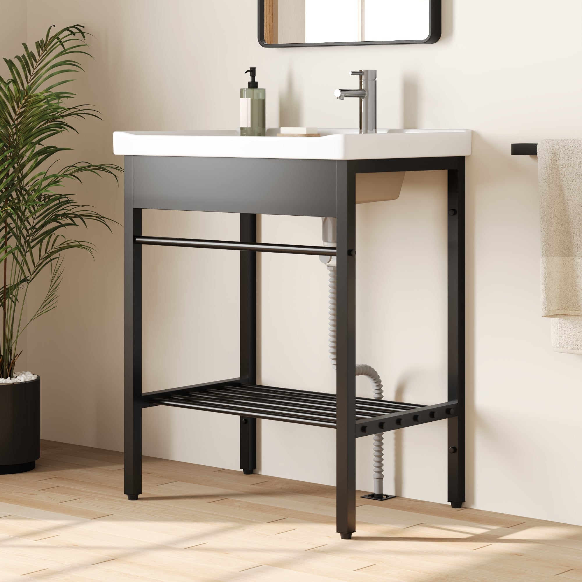 DeerValley 28"x18.5" Console Bathroom Sink, Freestanding Utility Sink with Integrated Washboard and Stainless Steel Frame, Modern White Ceramic Laundry Tub with Open Shelf, Matte Black, DV-1CS0388B