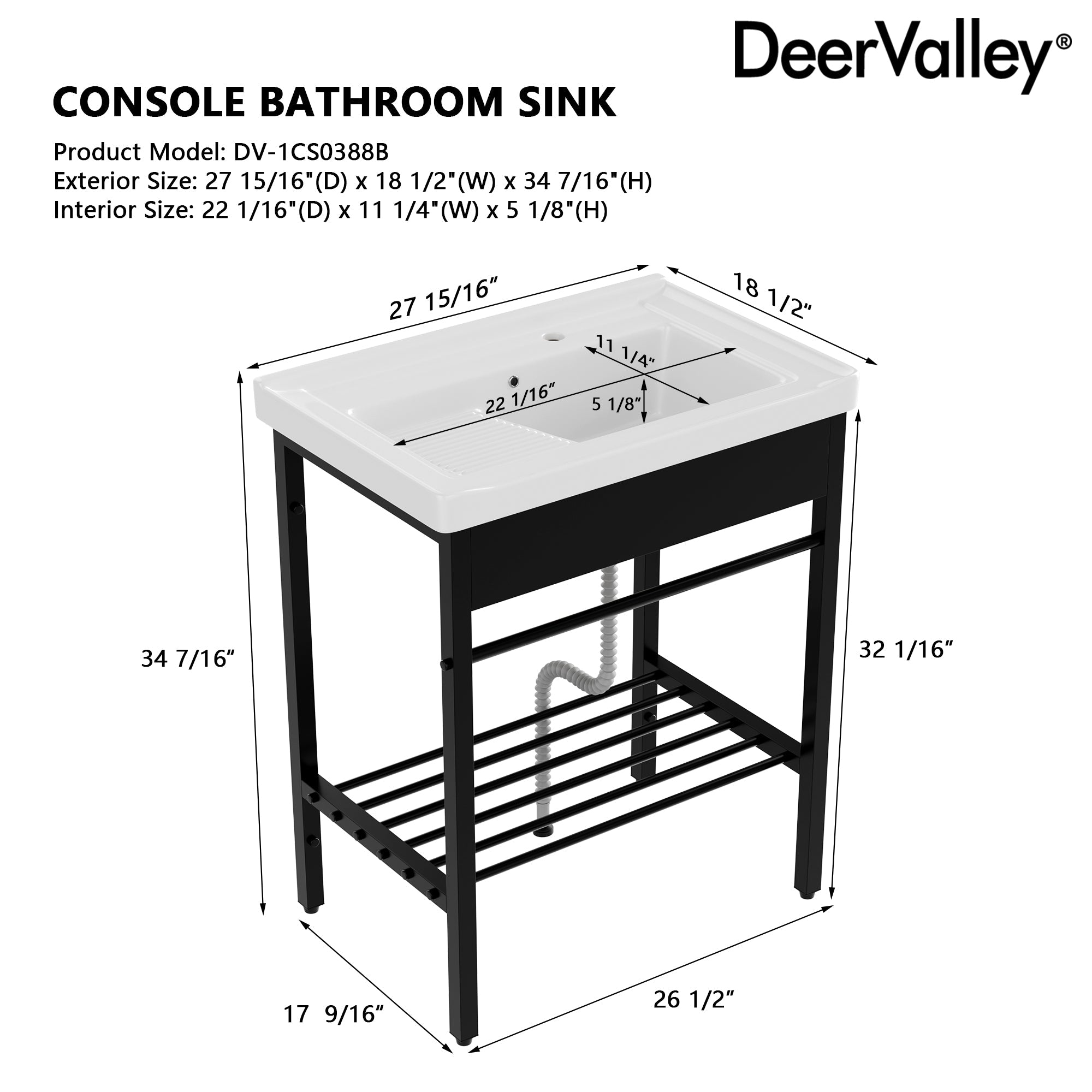 DeerValley 28"x18.5" Console Bathroom Sink, Freestanding Utility Sink with Integrated Washboard and Stainless Steel Frame, Modern White Ceramic Laundry Tub with Open Shelf, Matte Black, DV-1CS0388B
