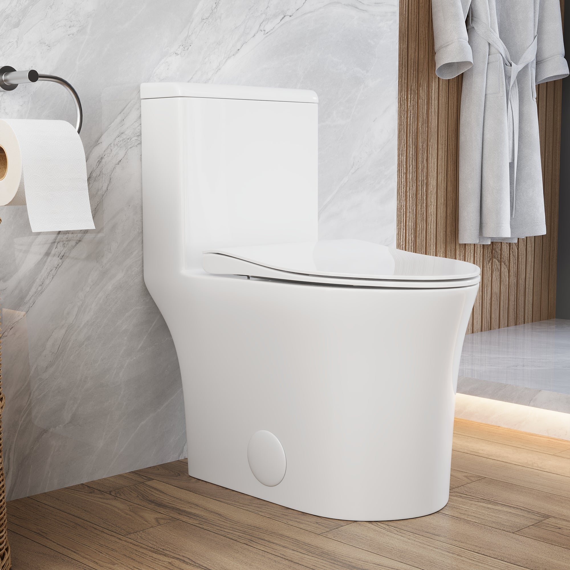 DeerValley Compact One-Piece Toilet for Small Bathrooms, Rimless Bowl Modern Elongated Toilet with Powerful Dual Flush, Soft-Close Seat, 12" Rough-In, High-Efficiency, Space-Saving & Quiet White Design, DV-1F0369